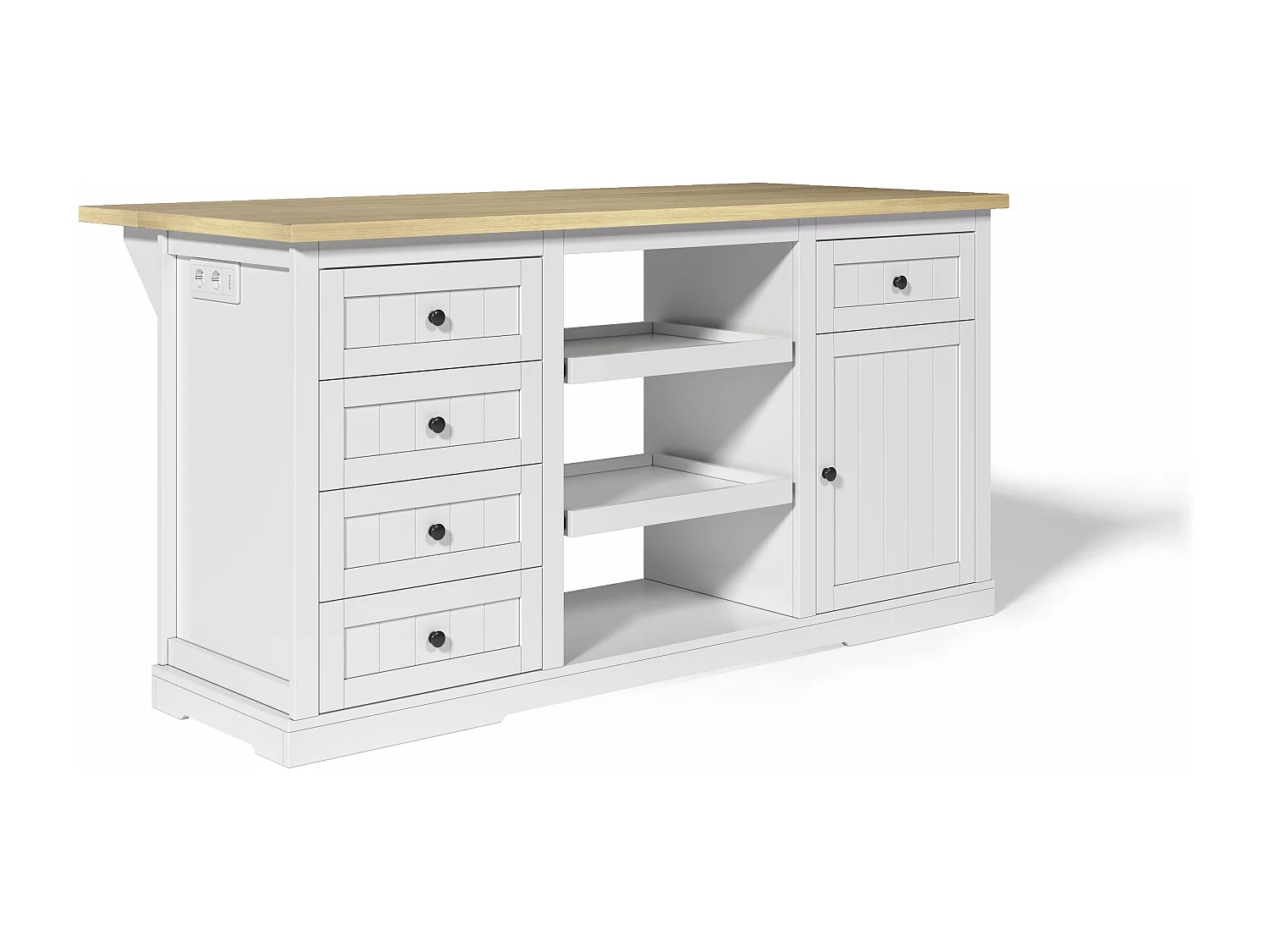 Îlot de cuisine blanc - Desserte de cuisine avec 5 tiroirs et 1 porte - 2 étagères coulissantes et prise de courant