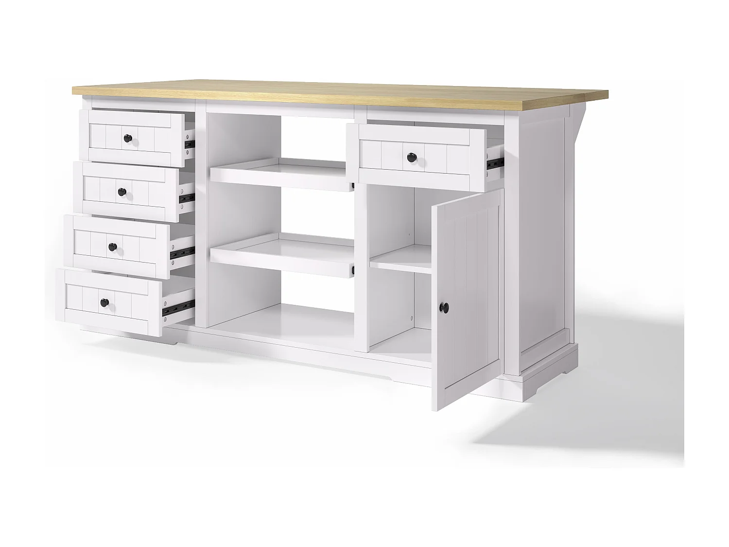 Îlot de cuisine blanc - Desserte de cuisine avec 5 tiroirs et 1 porte - 2 étagères coulissantes et prise de courant