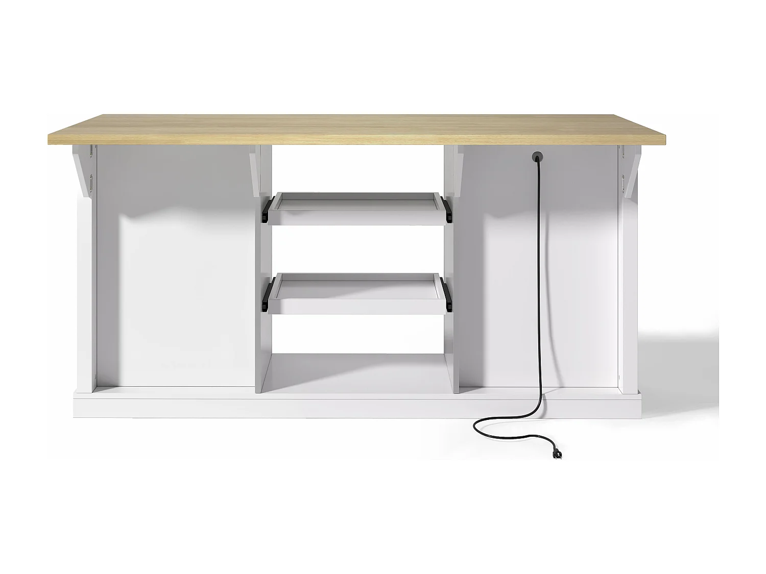 Îlot de cuisine blanc - Desserte de cuisine avec 5 tiroirs et 1 porte - 2 étagères coulissantes et prise de courant