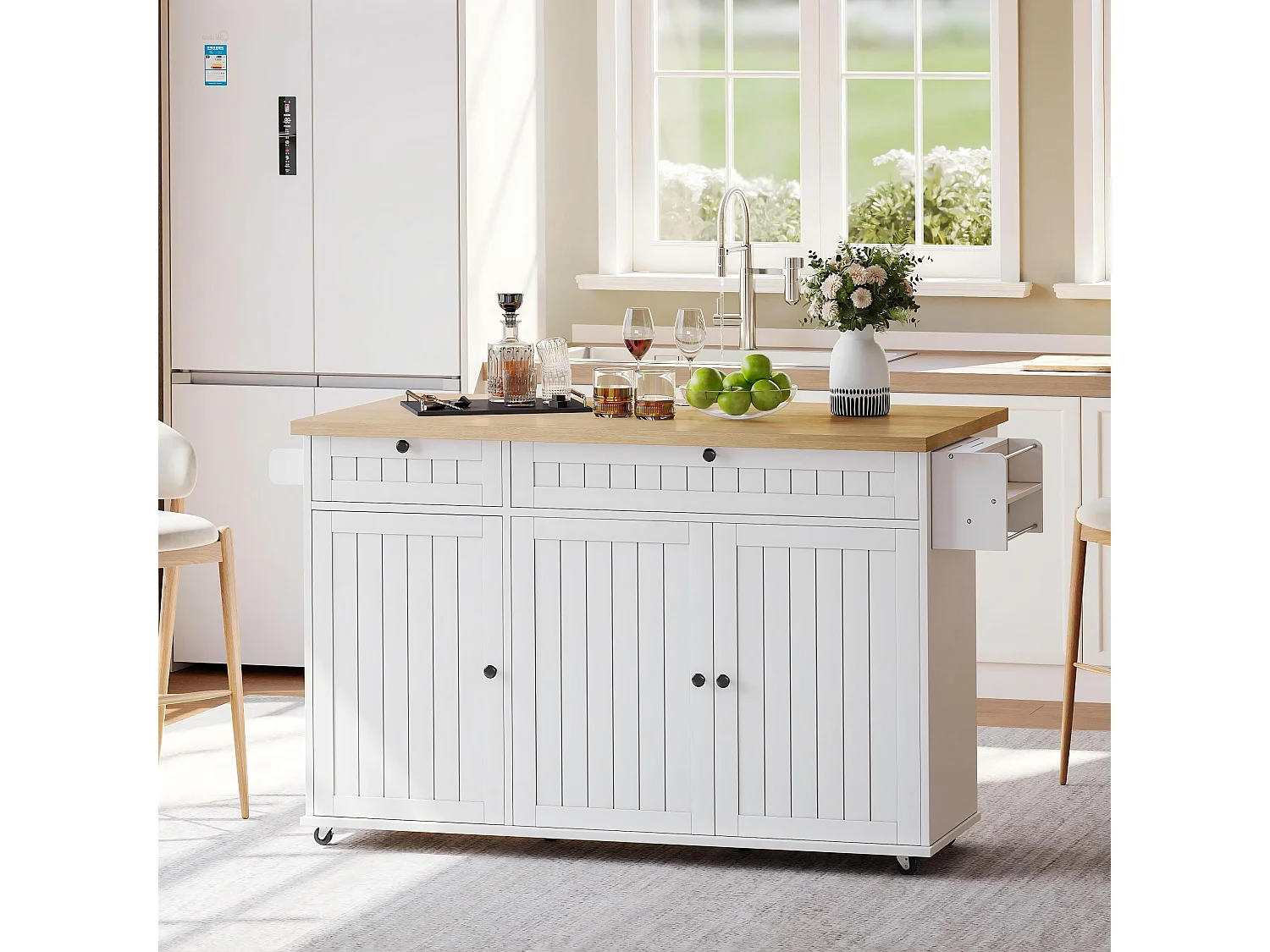 Isola cucina bianca - Carrello cucina con 2 cassetti e 3 ante - Porta spezie e porta asciugamani