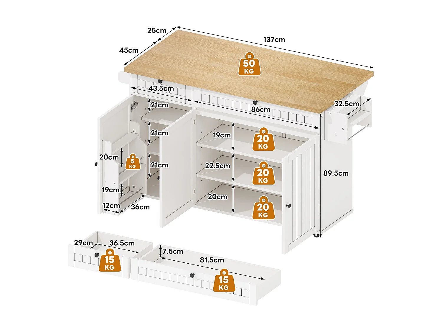 Isola cucina bianca - Carrello cucina con 2 cassetti e 3 ante - Porta spezie e porta asciugamani