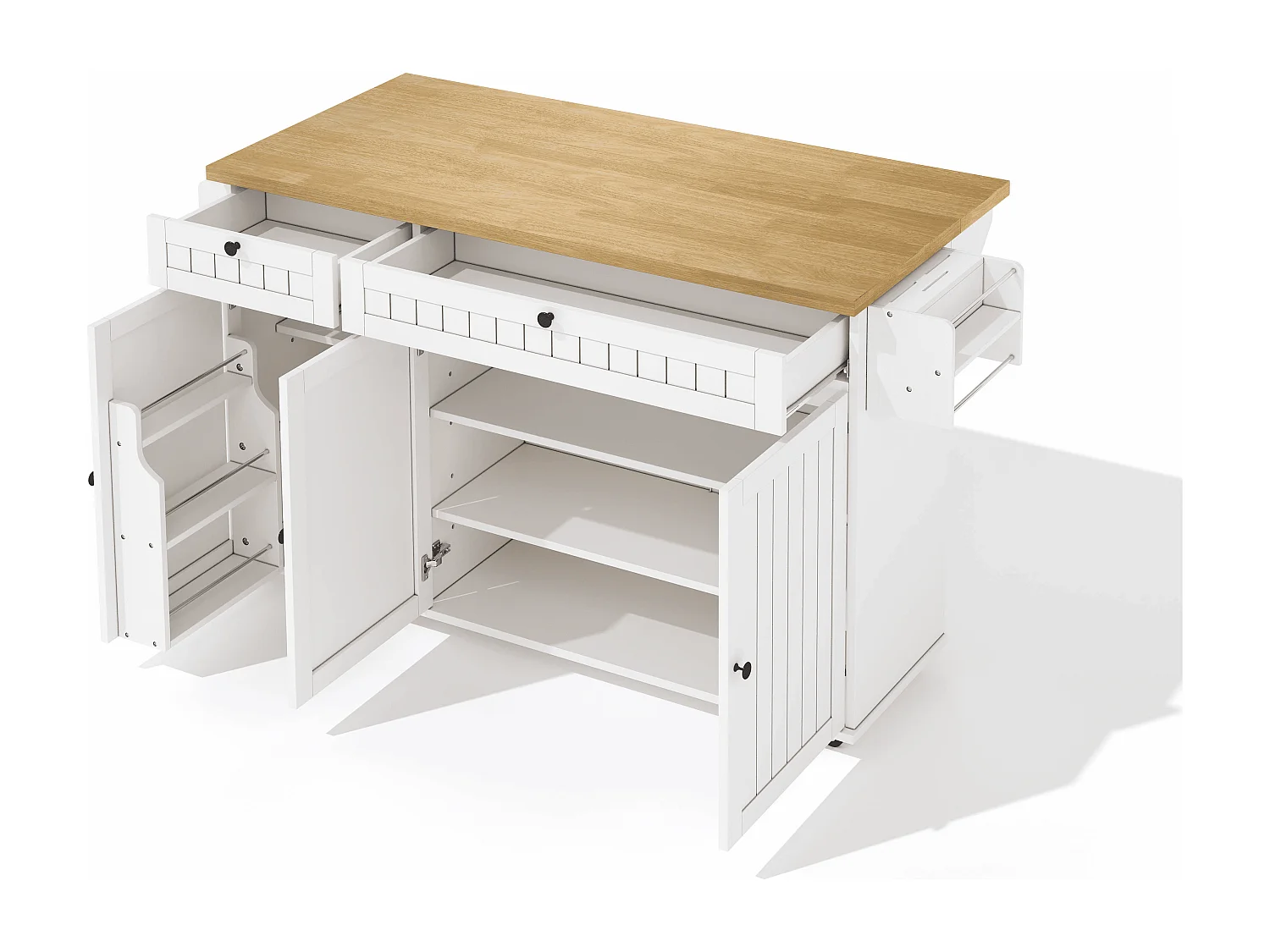 Isola cucina bianca - Carrello cucina con 2 cassetti e 3 ante - Porta spezie e porta asciugamani