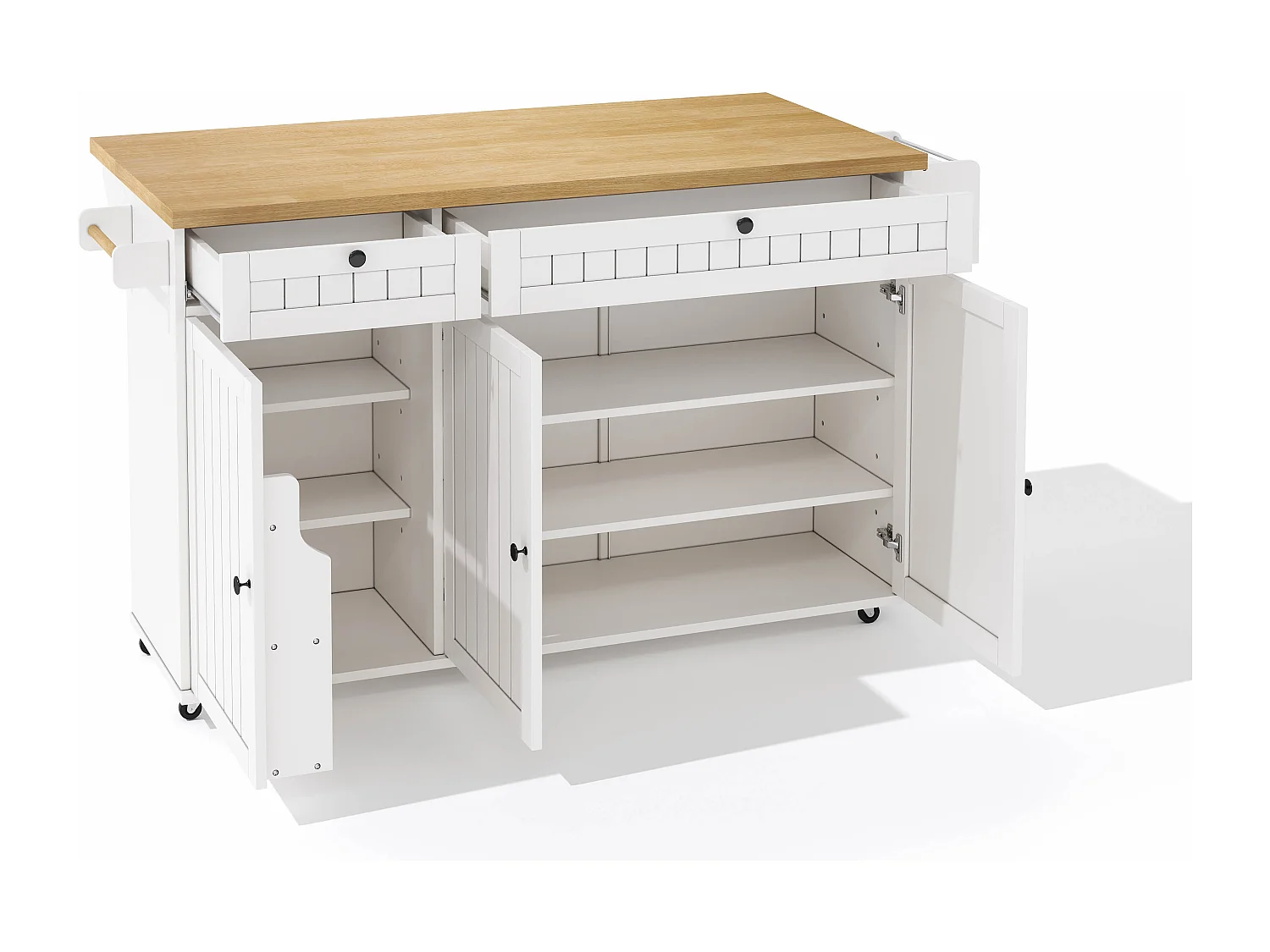 Îlot de cuisine blanc - Desserte de cuisine avec 2 tiroirs et 3 portes - etagère à épices et porte-serviettes