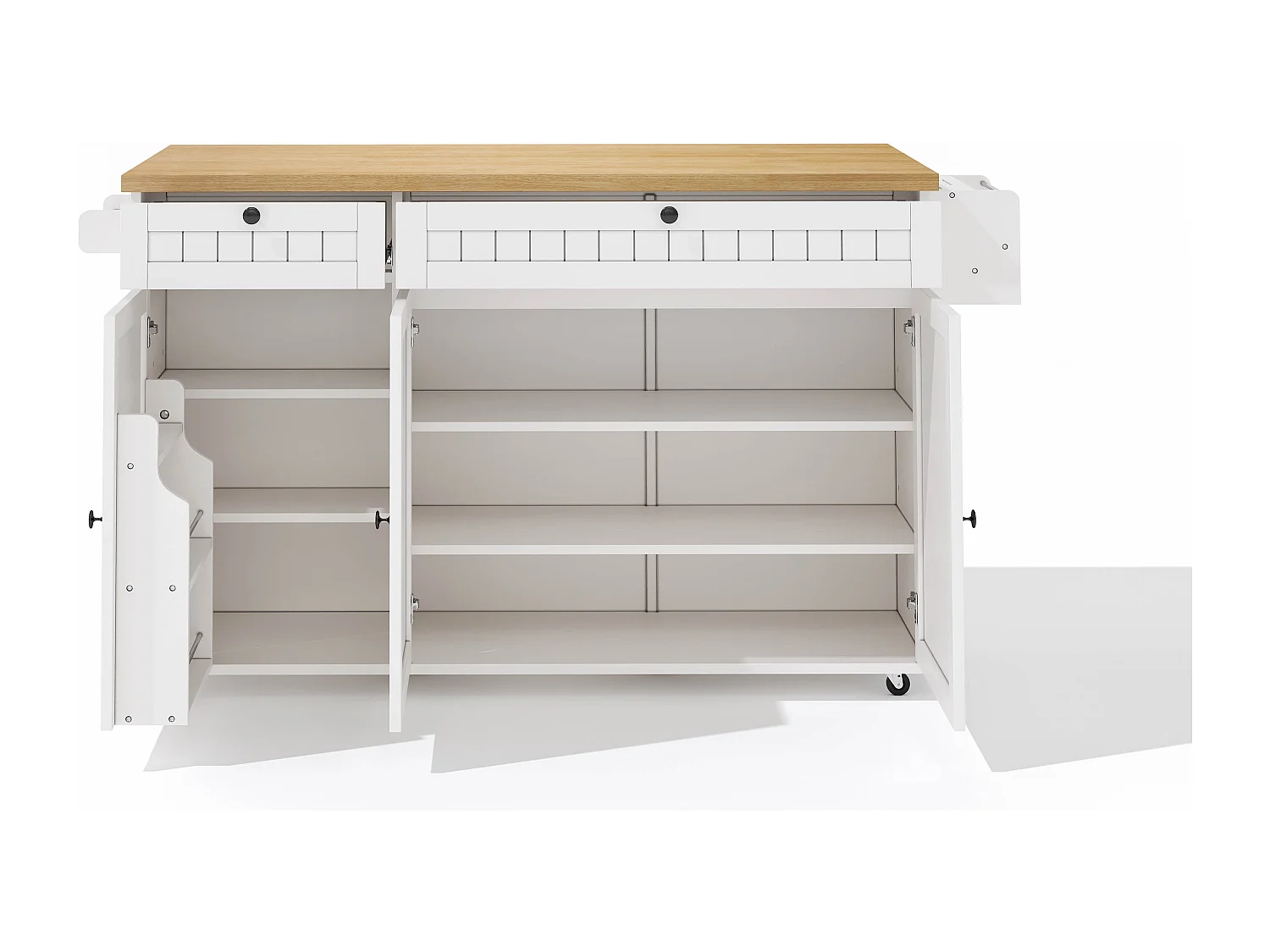 Îlot de cuisine blanc - Desserte de cuisine avec 2 tiroirs et 3 portes - etagère à épices et porte-serviettes