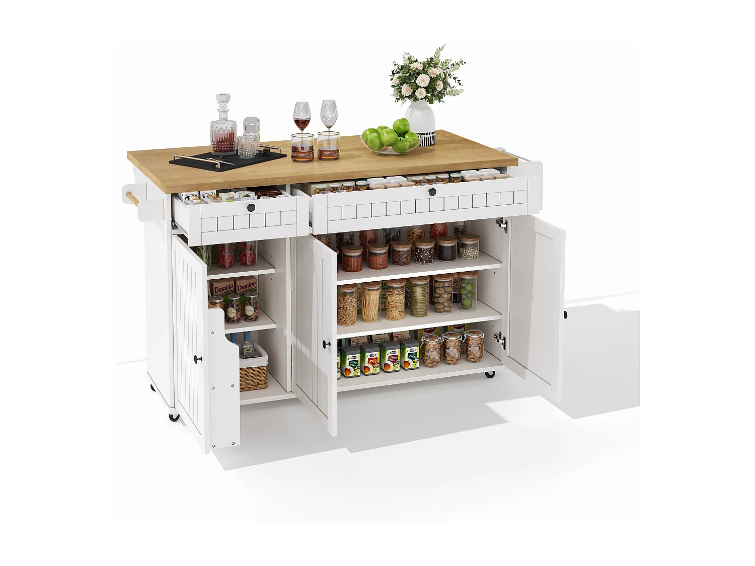 Îlot de cuisine blanc - Desserte de cuisine avec 2 tiroirs et 3 portes - etagère à épices et porte-serviettes