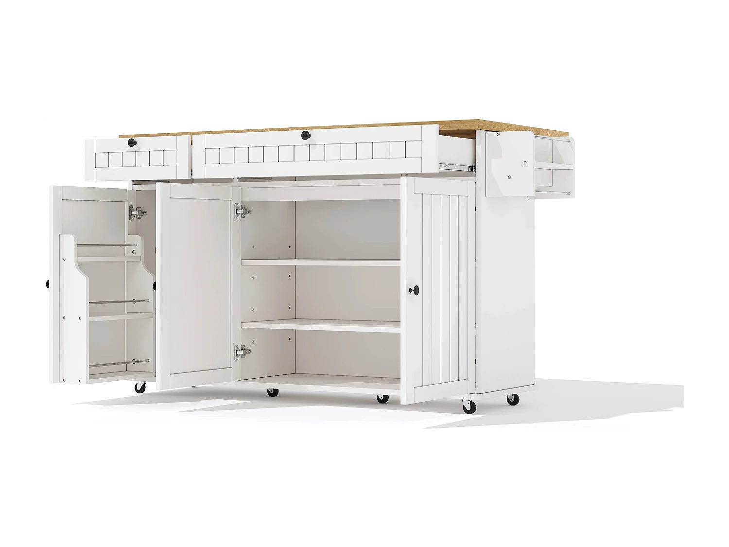 Îlot de cuisine blanc - Desserte de cuisine avec 2 tiroirs et 3 portes - etagère à épices et porte-serviettes