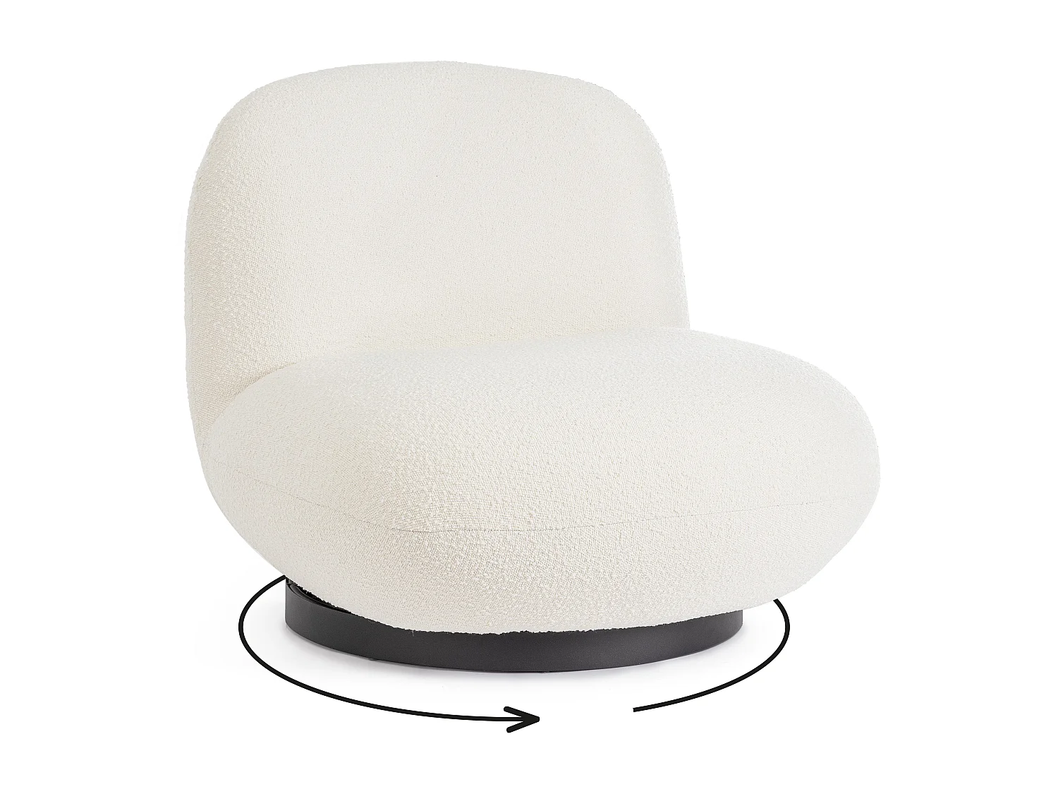 Fauteuil design pivotant tissu doux bouclé blanc et pieds acier noir MAGGY