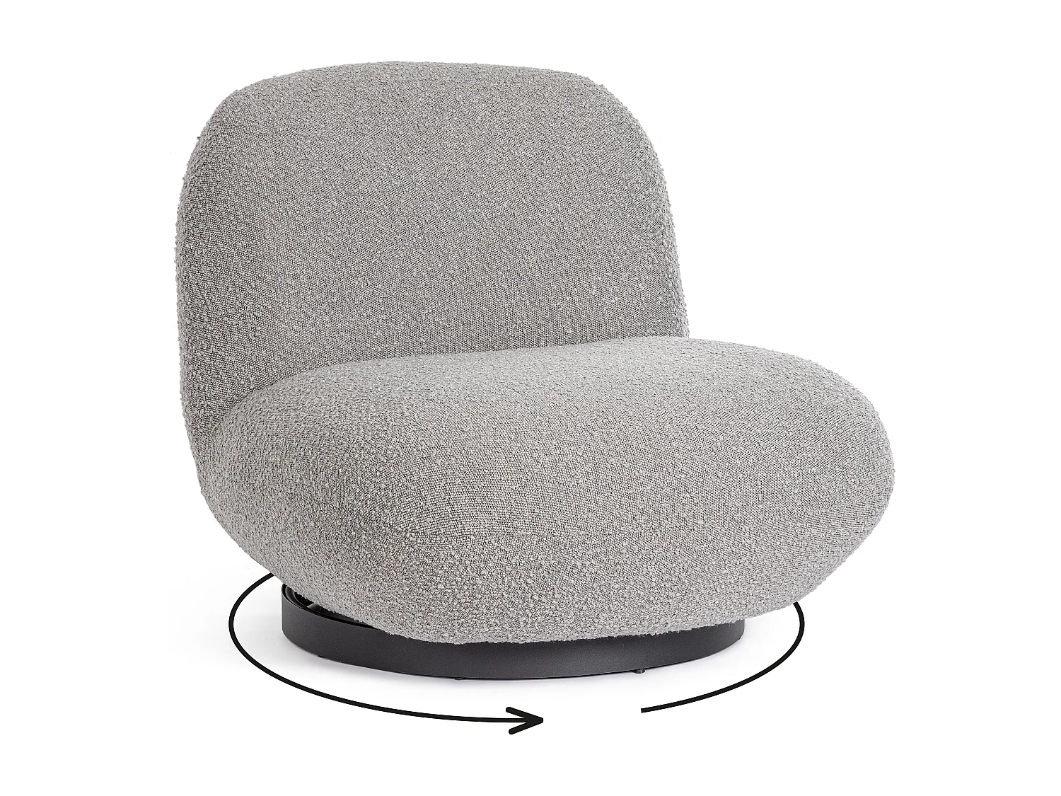 Fauteuil design pivotant tissu doux bouclé gris et pieds acier noir MAGGY