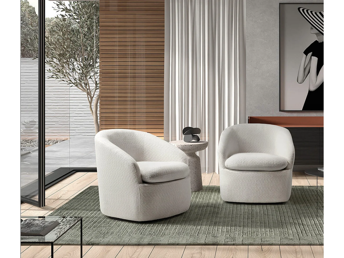 Fauteuil pivotant tissu à bouclettes-Blanc