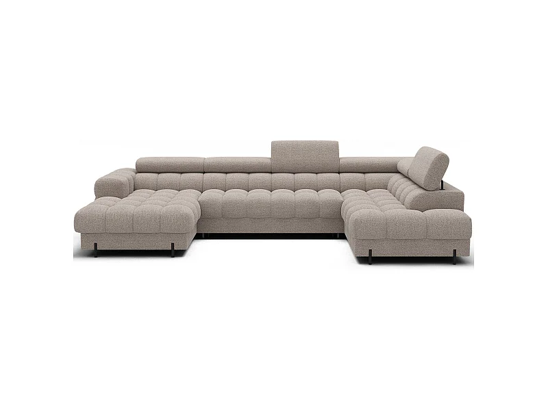Grand canapé panoramique avec têtières réglables tissu FUZIAN – Fonction lit-Beige-Coffre à droite
