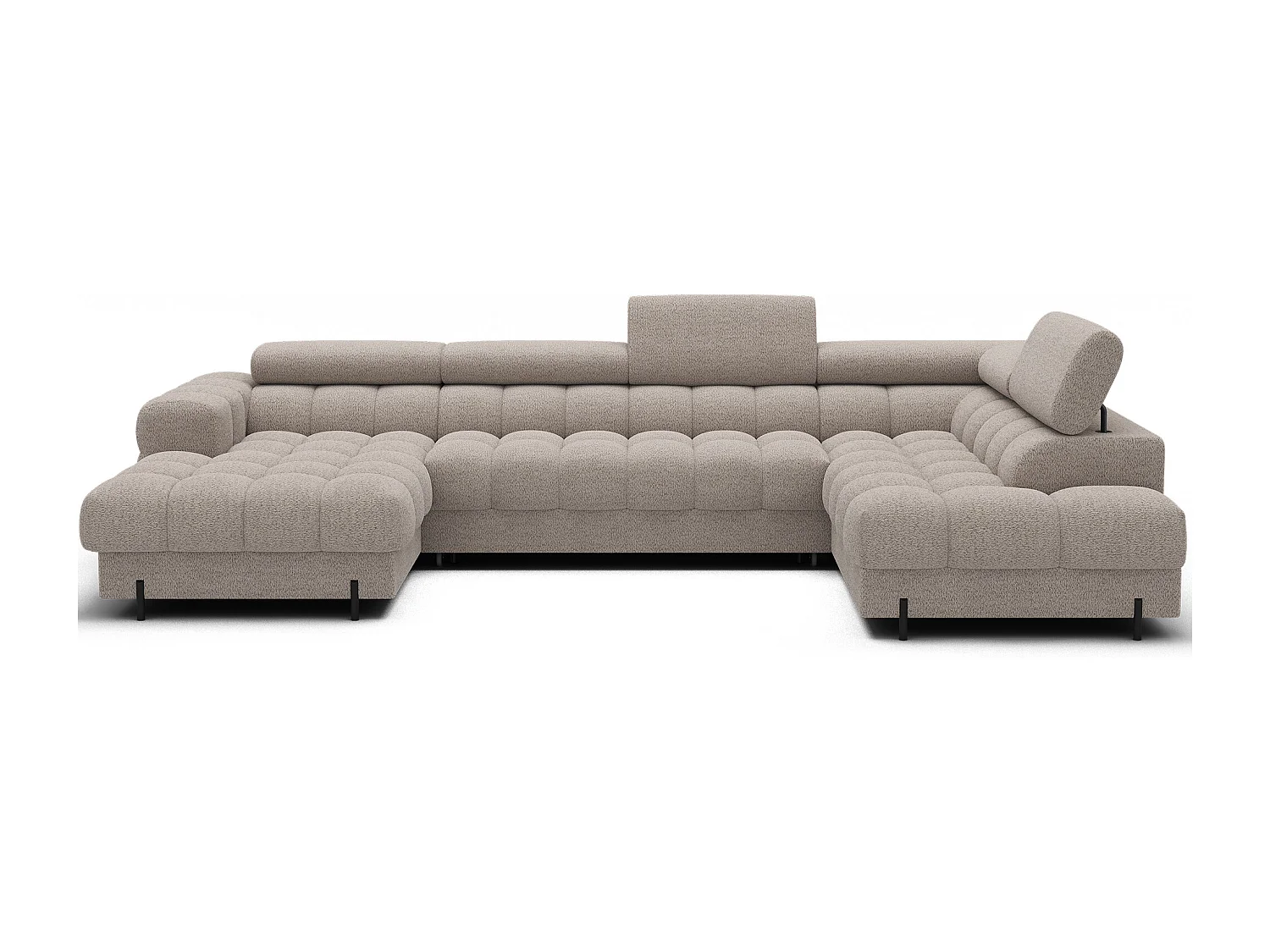Grand canapé panoramique avec têtières réglables tissu FUZIAN – Fonction lit-Beige-Coffre à droite