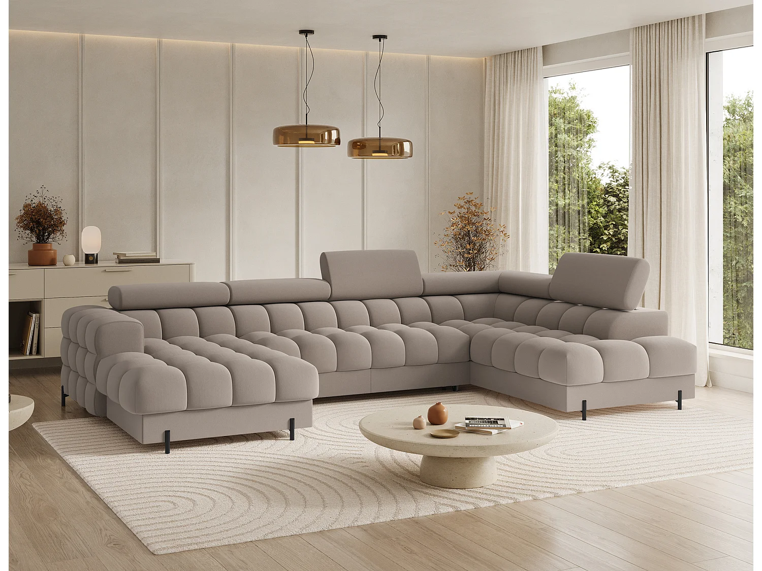 Grand canapé panoramique avec têtières réglables tissu FUZIAN – Fonction lit-Beige-Coffre à droite