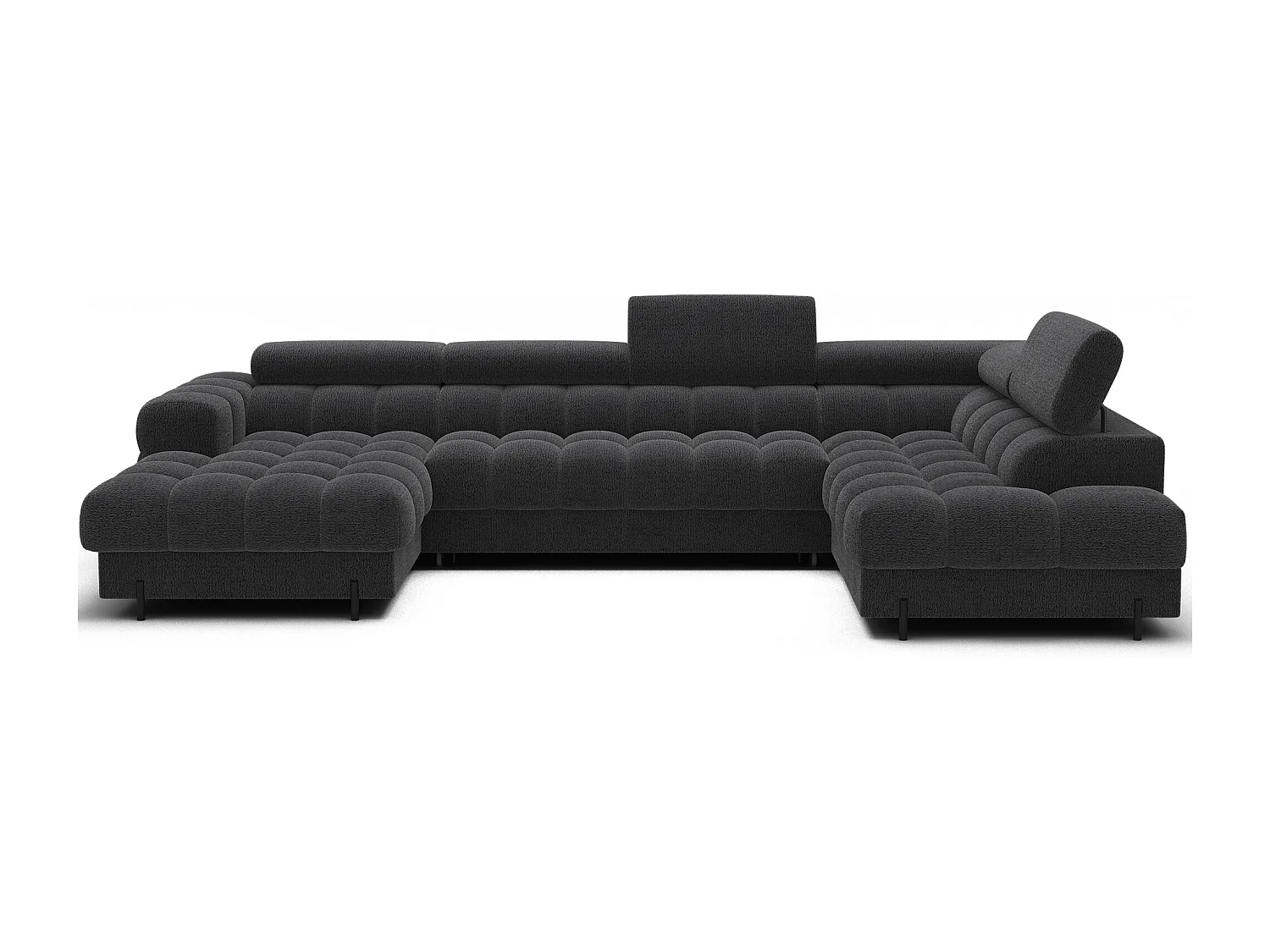 Grand canapé panoramique avec têtières réglables tissu FUZIAN – Fonction lit-Gris foncé-Coffre à droite