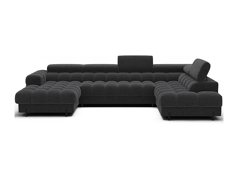 Grand canapé panoramique avec têtières réglables tissu FUZIAN – Fonction lit-Gris foncé-Coffre à droite
