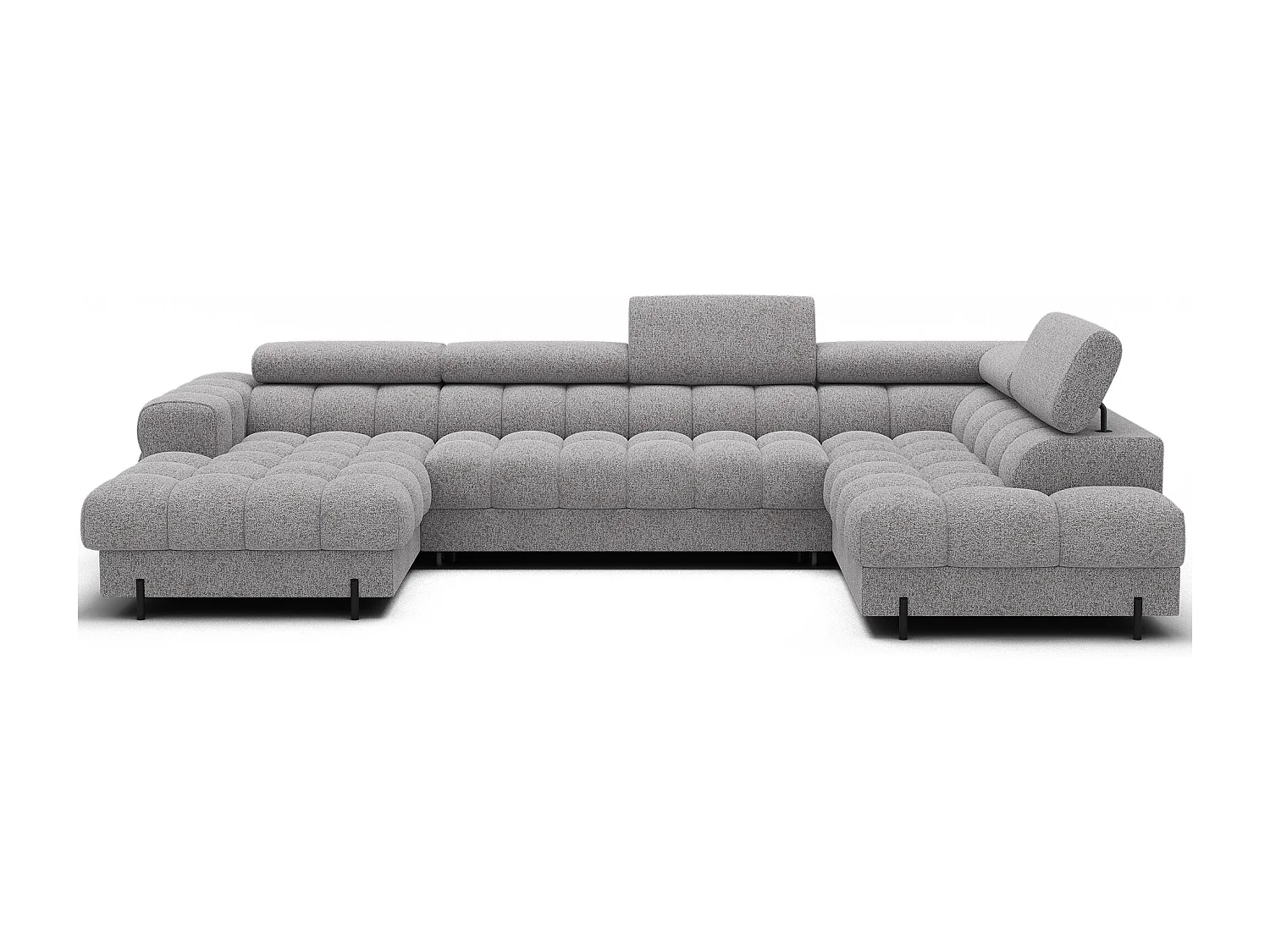 Grand canapé panoramique avec têtières réglables tissu FUZIAN – Fonction lit-Gris souris-Coffre à droite