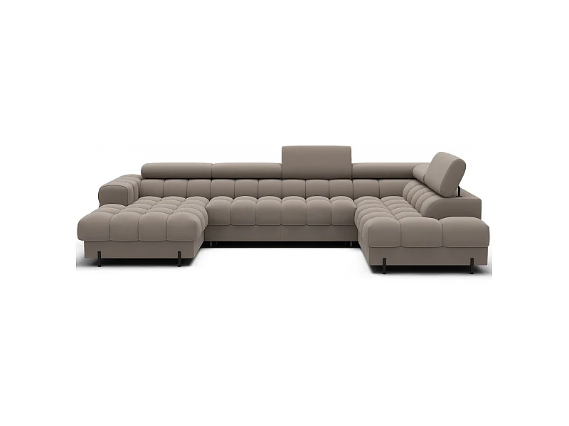 Grand canapé panoramique avec têtières réglables tissu FUZIAN – Fonction lit-Blanc-Coffre à droite