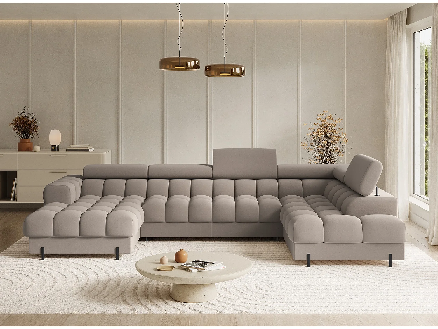 Grand canapé panoramique avec têtières réglables tissu FUZIAN – Fonction lit-Blanc-Coffre à droite