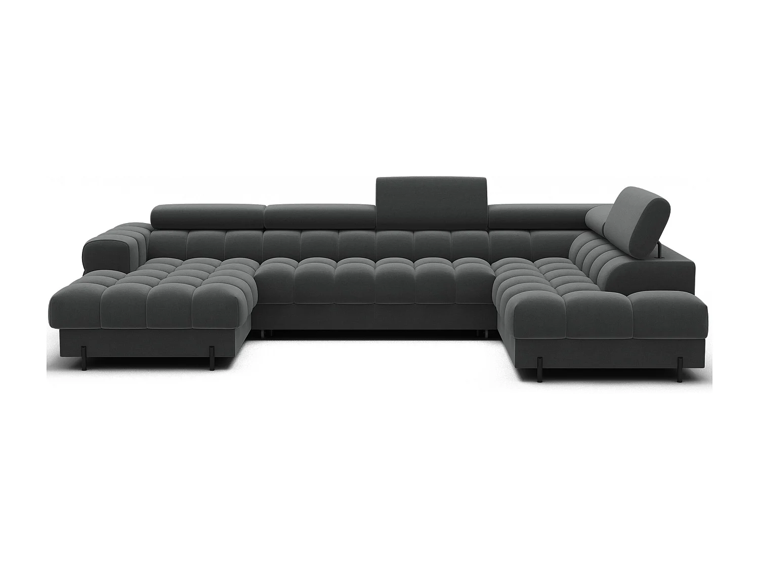 Grand canapé panoramique avec têtières réglables tissu FUZIAN – Fonction lit-Gris anthracite-Coffre à droite