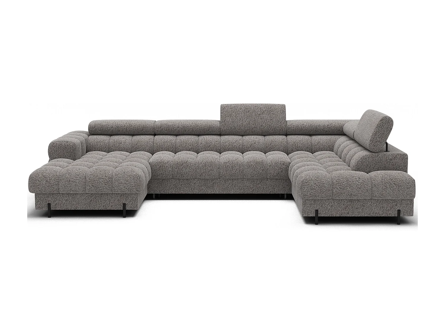 Grand canapé panoramique avec têtières réglables tissu FUZIAN – Fonction lit-Gris clair chiné-Coffre à droite