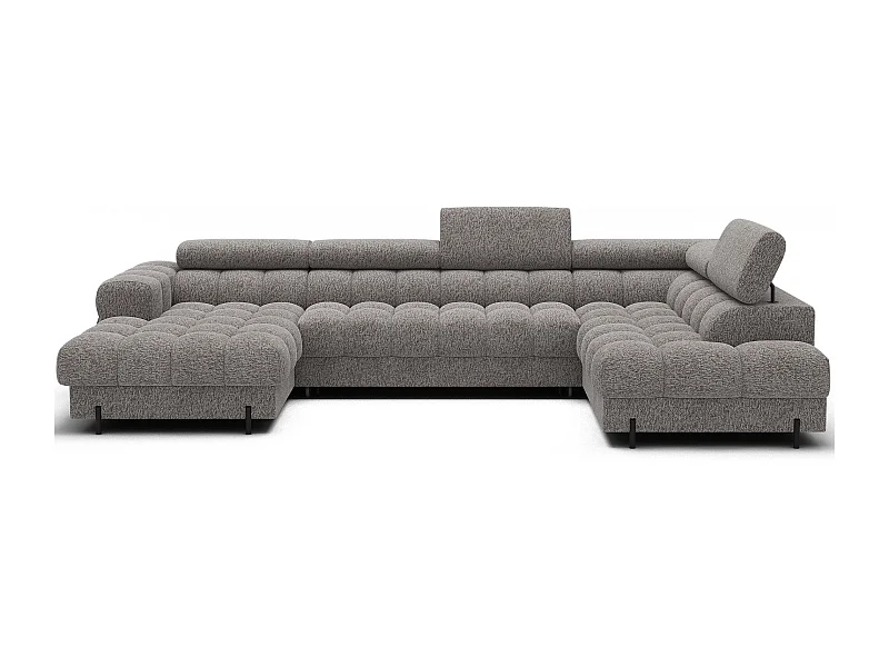 Grand canapé panoramique avec têtières réglables tissu FUZIAN – Fonction lit-Gris clair chiné-Coffre à droite