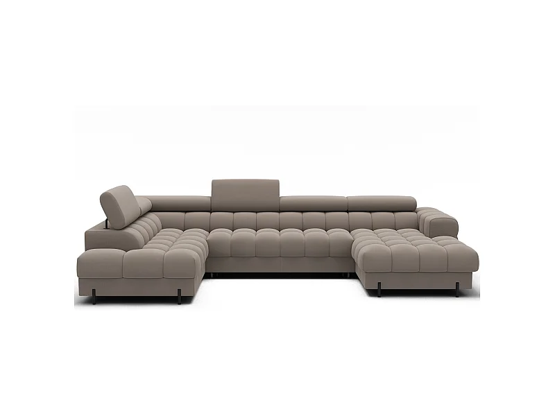Grand canapé panoramique avec têtières réglables tissu FUZIAN – Fonction lit-Taupe-Coffre à gauche