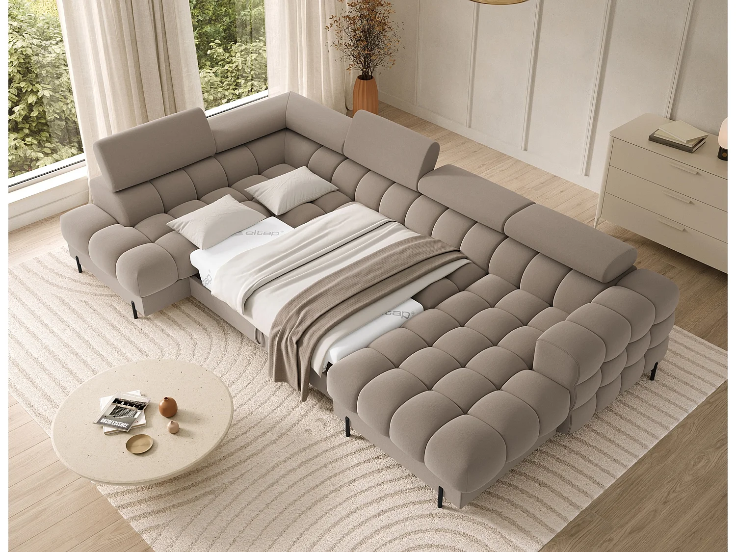 Grand canapé panoramique avec têtières réglables tissu FUZIAN – Fonction lit-Taupe-Coffre à gauche