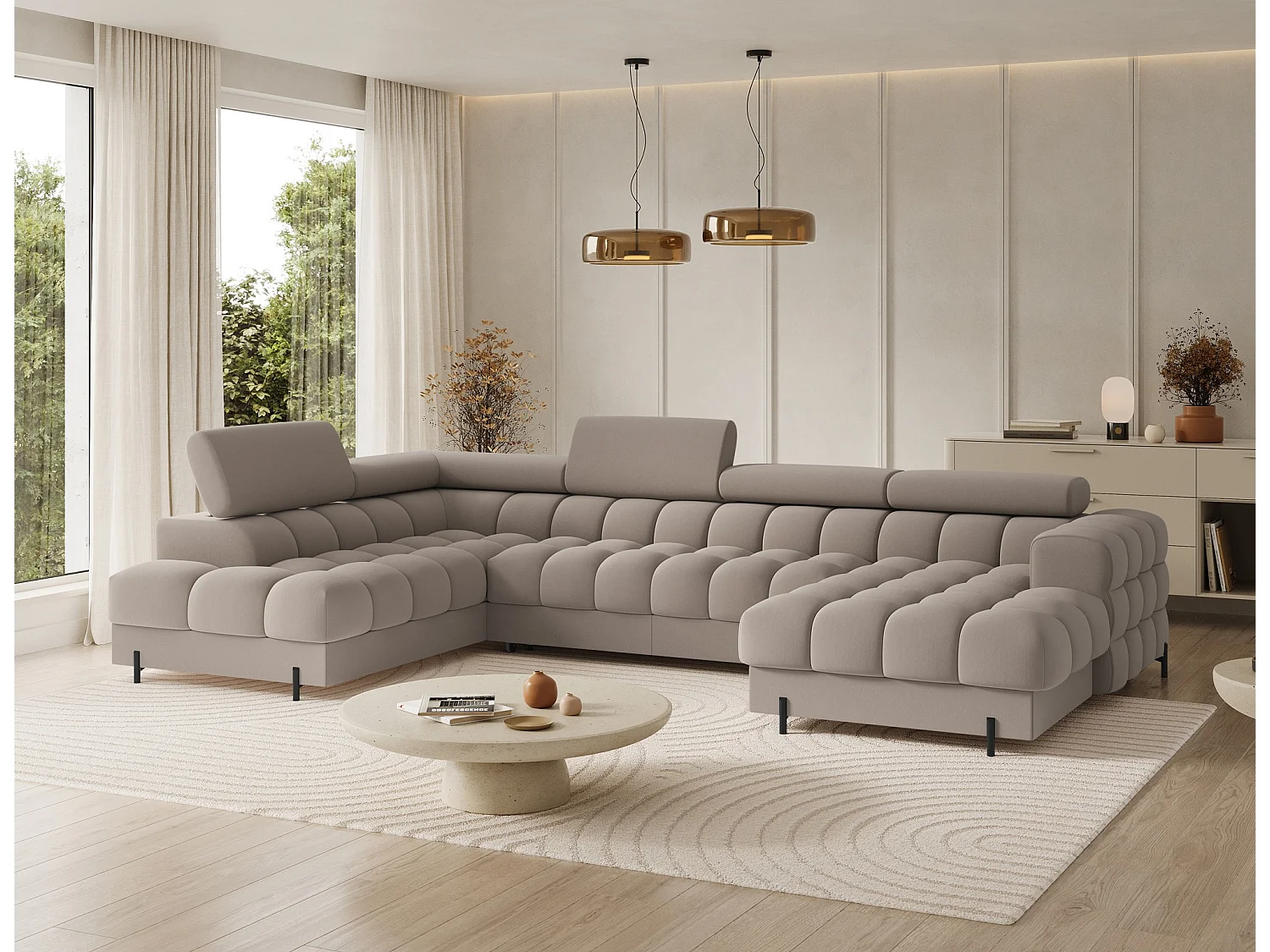 Grand canapé panoramique avec têtières réglables tissu FUZIAN – Fonction lit-Taupe-Coffre à gauche