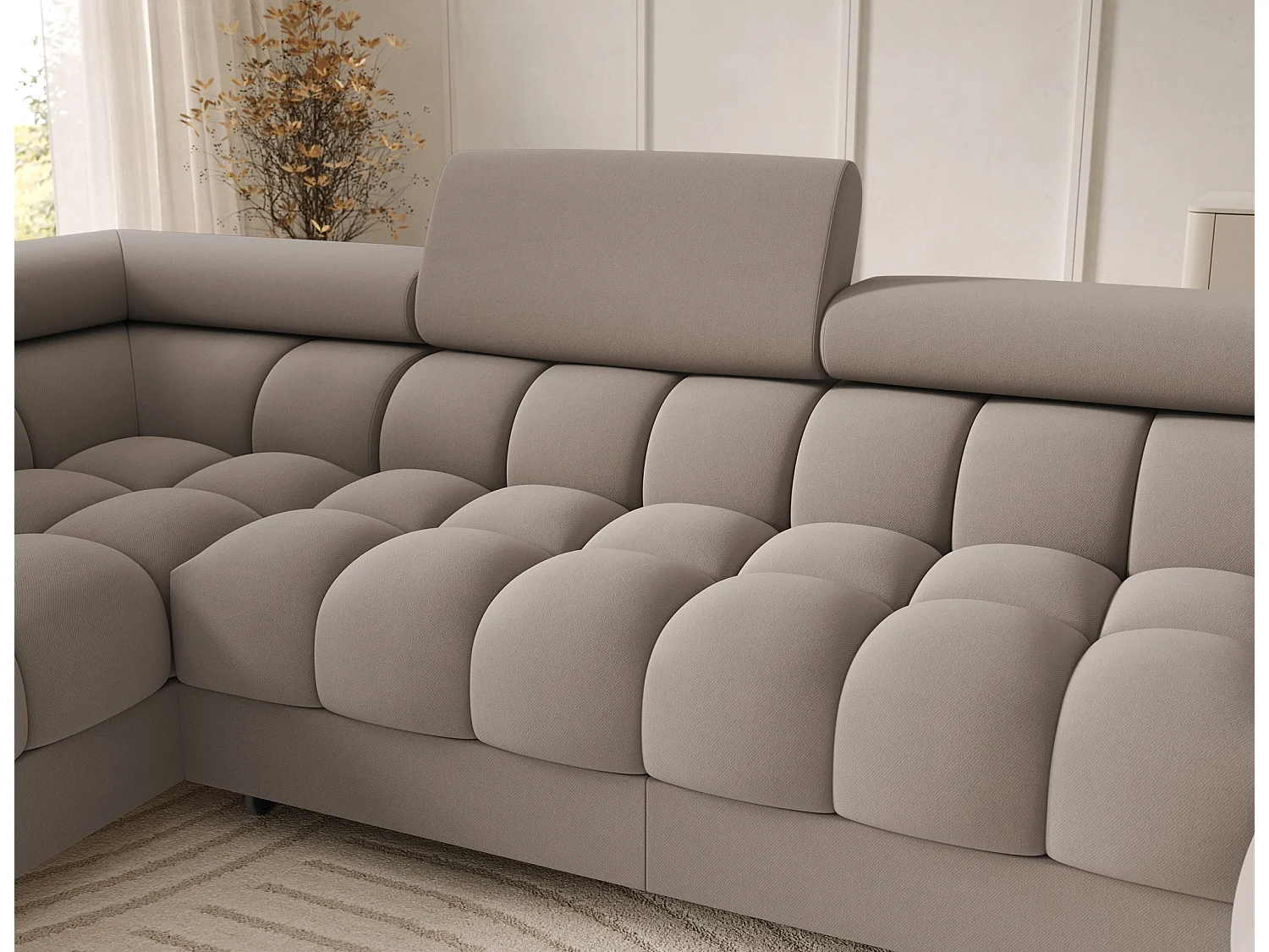 Grand canapé panoramique avec têtières réglables tissu FUZIAN – Fonction lit-Taupe-Coffre à gauche