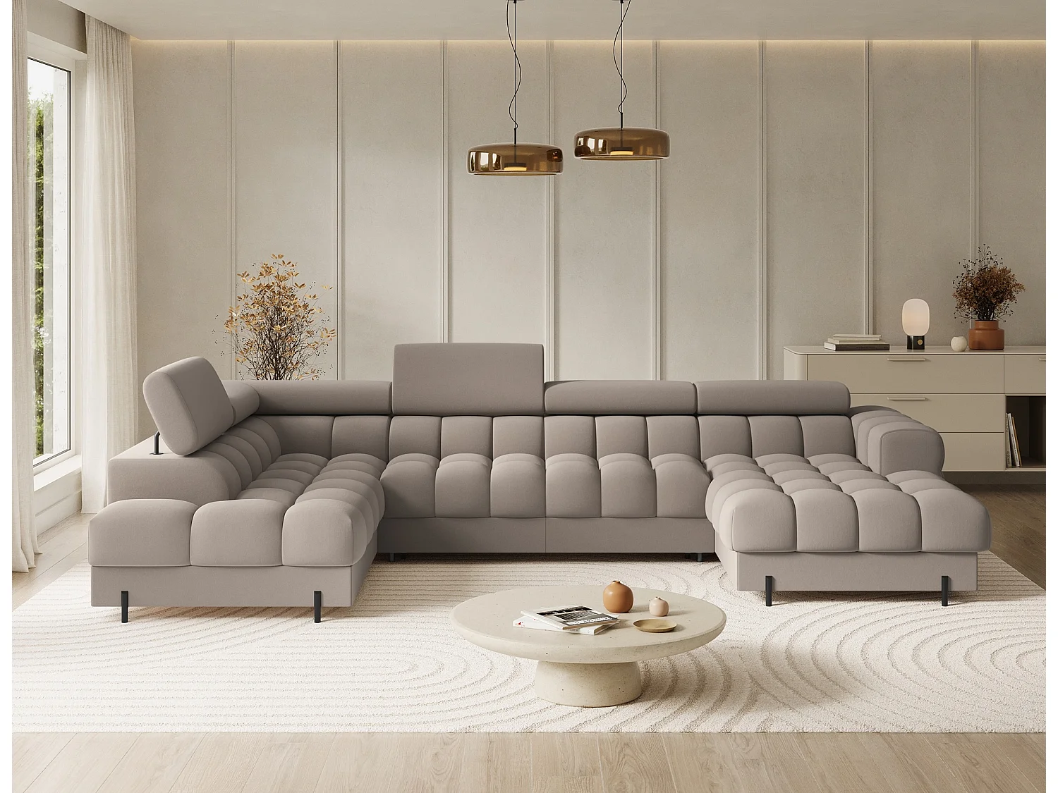 Grand canapé panoramique avec têtières réglables tissu FUZIAN – Fonction lit-Taupe-Coffre à gauche