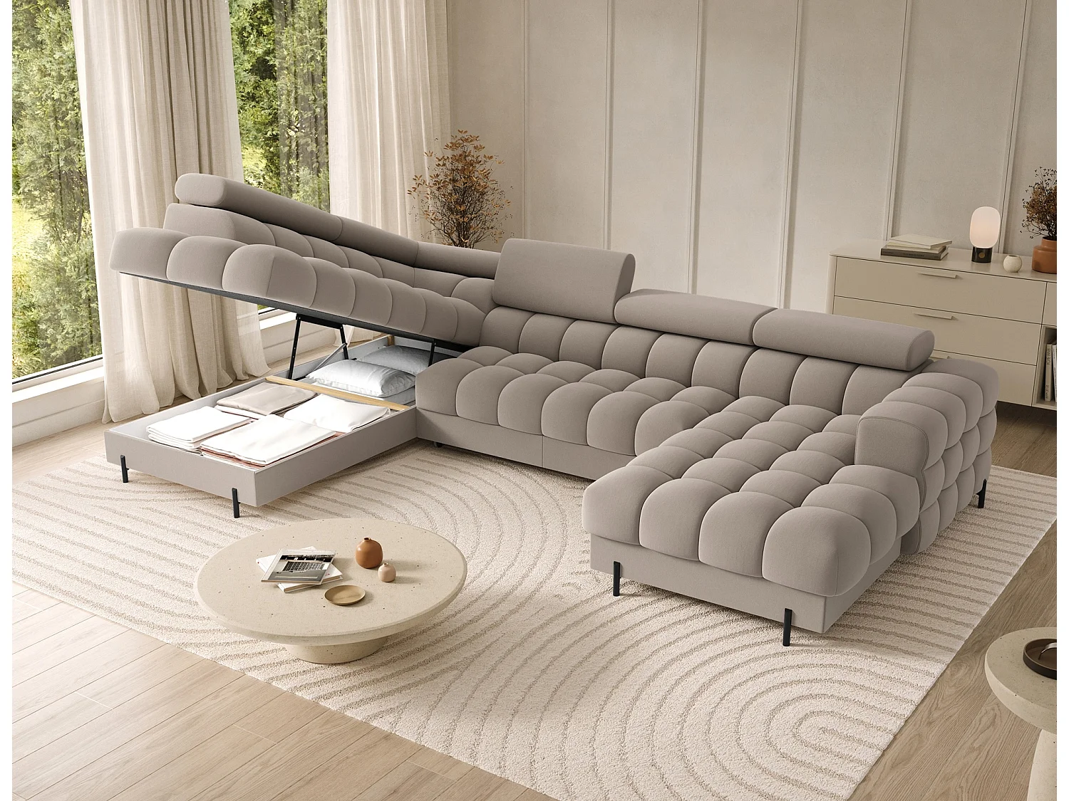 Grand canapé panoramique avec têtières réglables tissu FUZIAN – Fonction lit-Taupe-Coffre à gauche