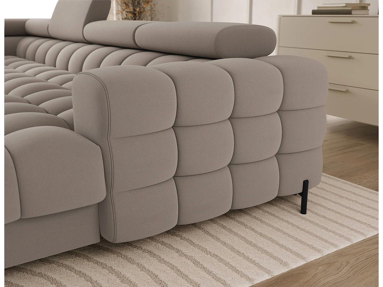 Grand canapé panoramique avec têtières réglables tissu FUZIAN – Fonction lit-Taupe-Coffre à gauche