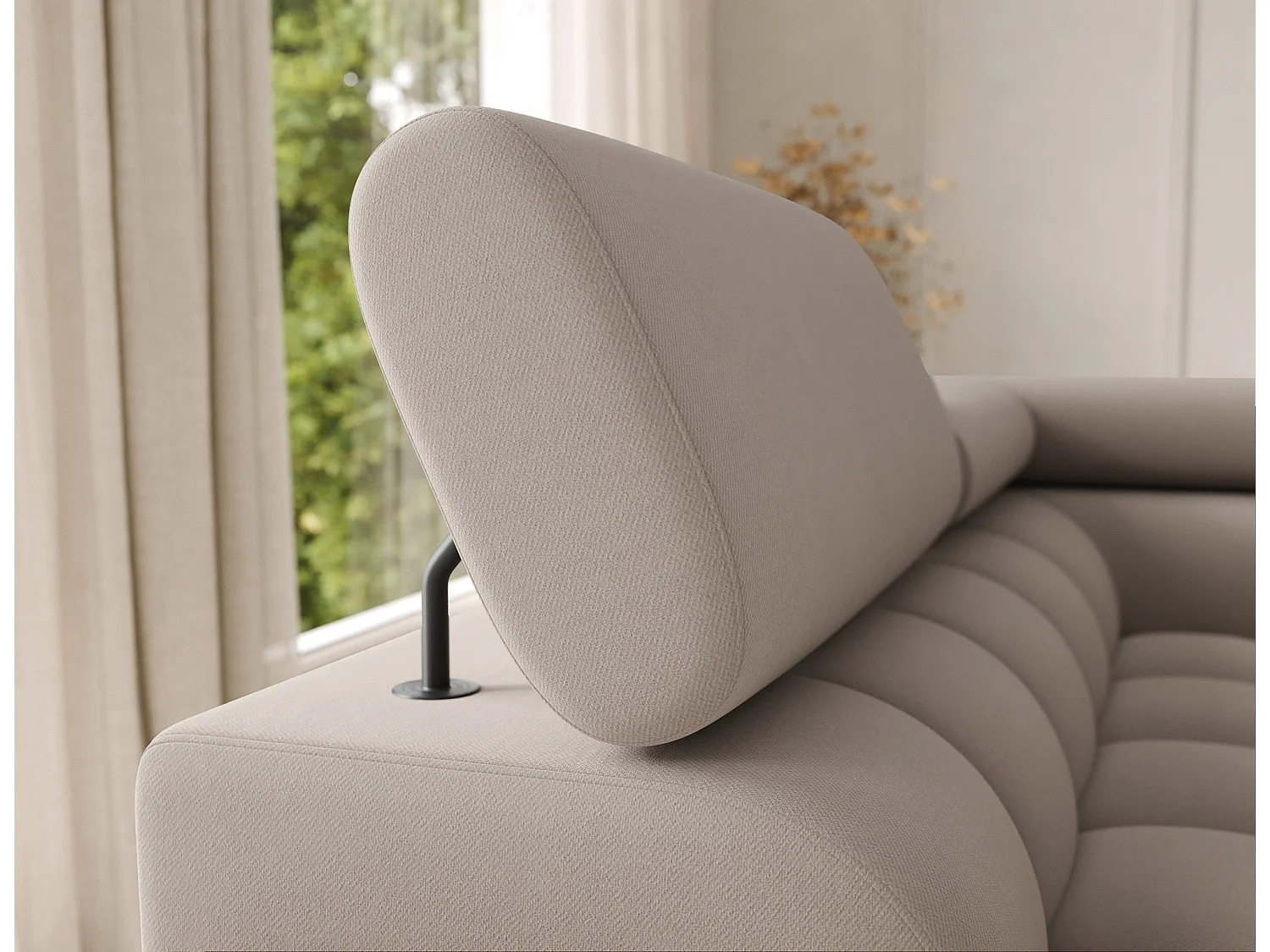 Grand canapé panoramique avec têtières réglables tissu FUZIAN – Fonction lit-Taupe-Coffre à gauche