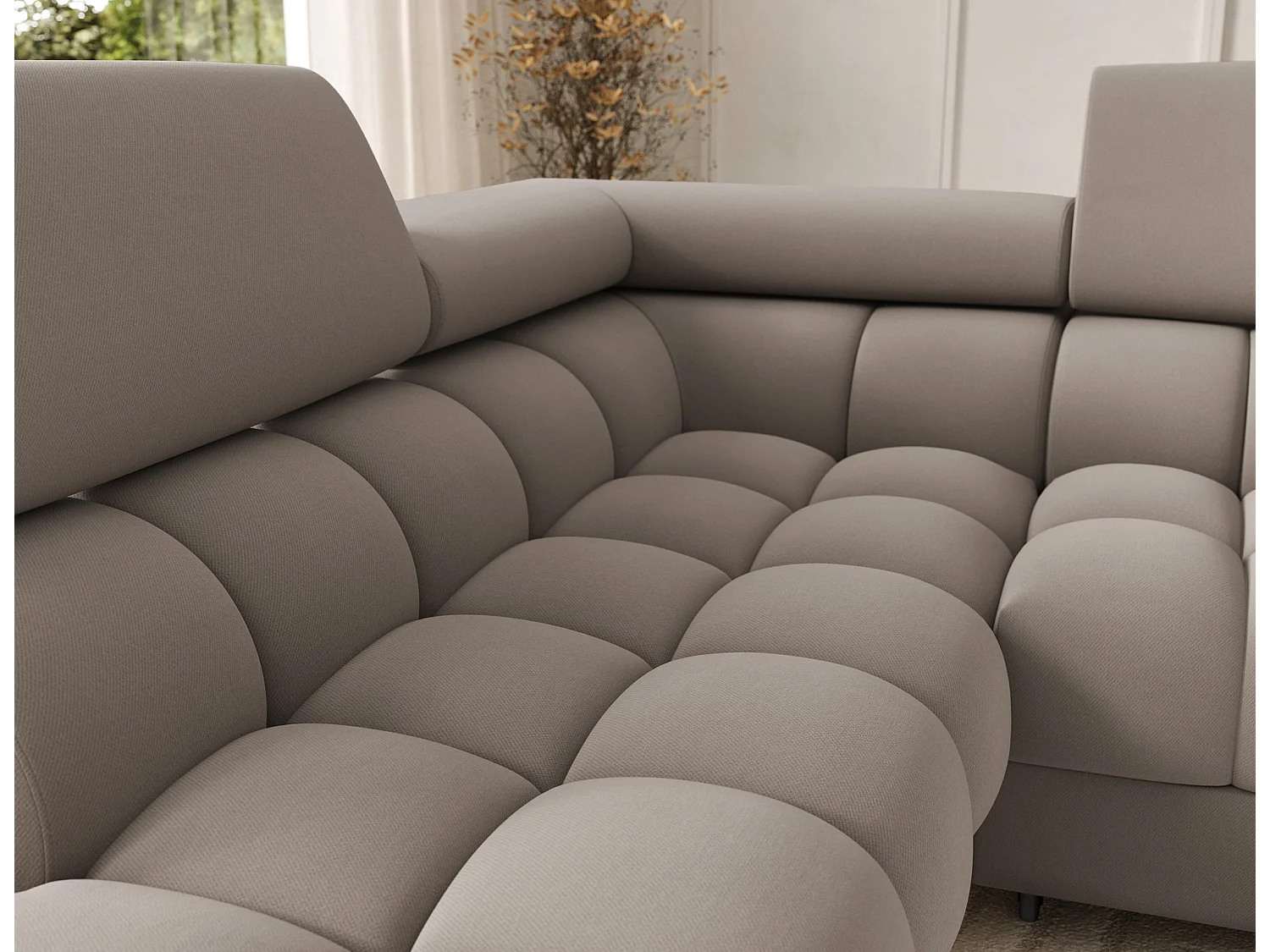 Grand canapé panoramique avec têtières réglables tissu FUZIAN – Fonction lit-Taupe-Coffre à gauche