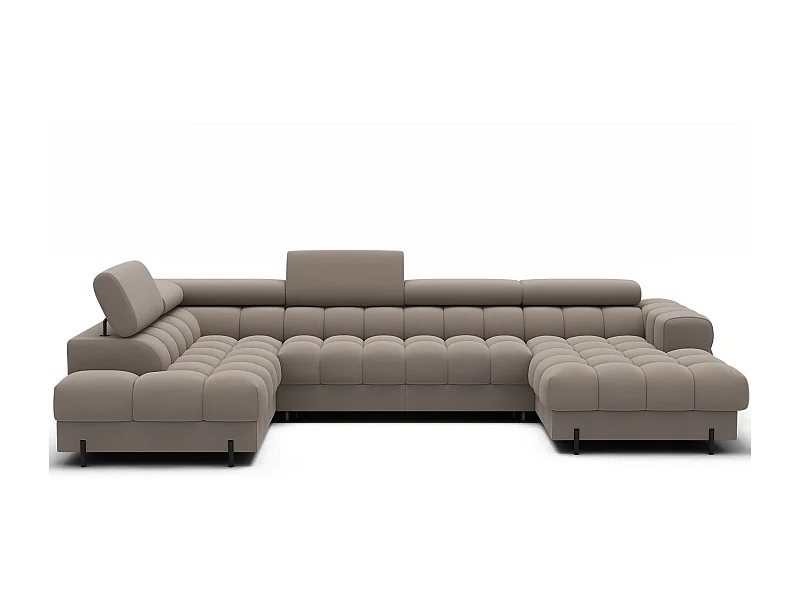Grand canapé panoramique avec têtières réglables tissu FUZIAN – Fonction lit-Taupe-Coffre à gauche