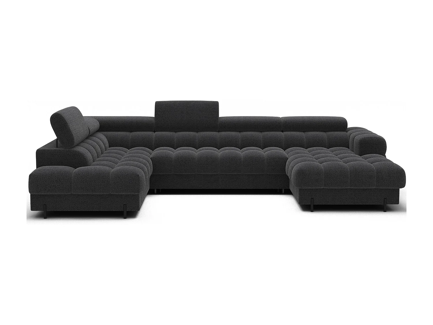 Grand canapé panoramique avec têtières réglables tissu FUZIAN – Fonction lit-Gris foncé-Coffre à gauche