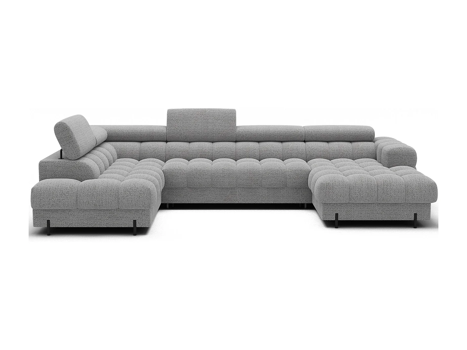 Grand canapé panoramique avec têtières réglables tissu FUZIAN – Fonction lit-Gris-Coffre à gauche