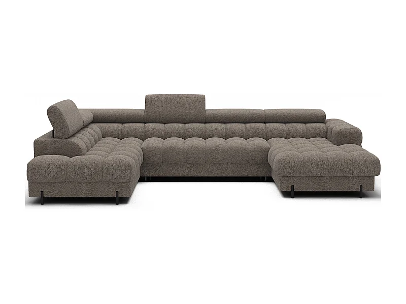 Grand canapé panoramique avec têtières réglables tissu FUZIAN – Fonction lit-Marron-Coffre à gauche