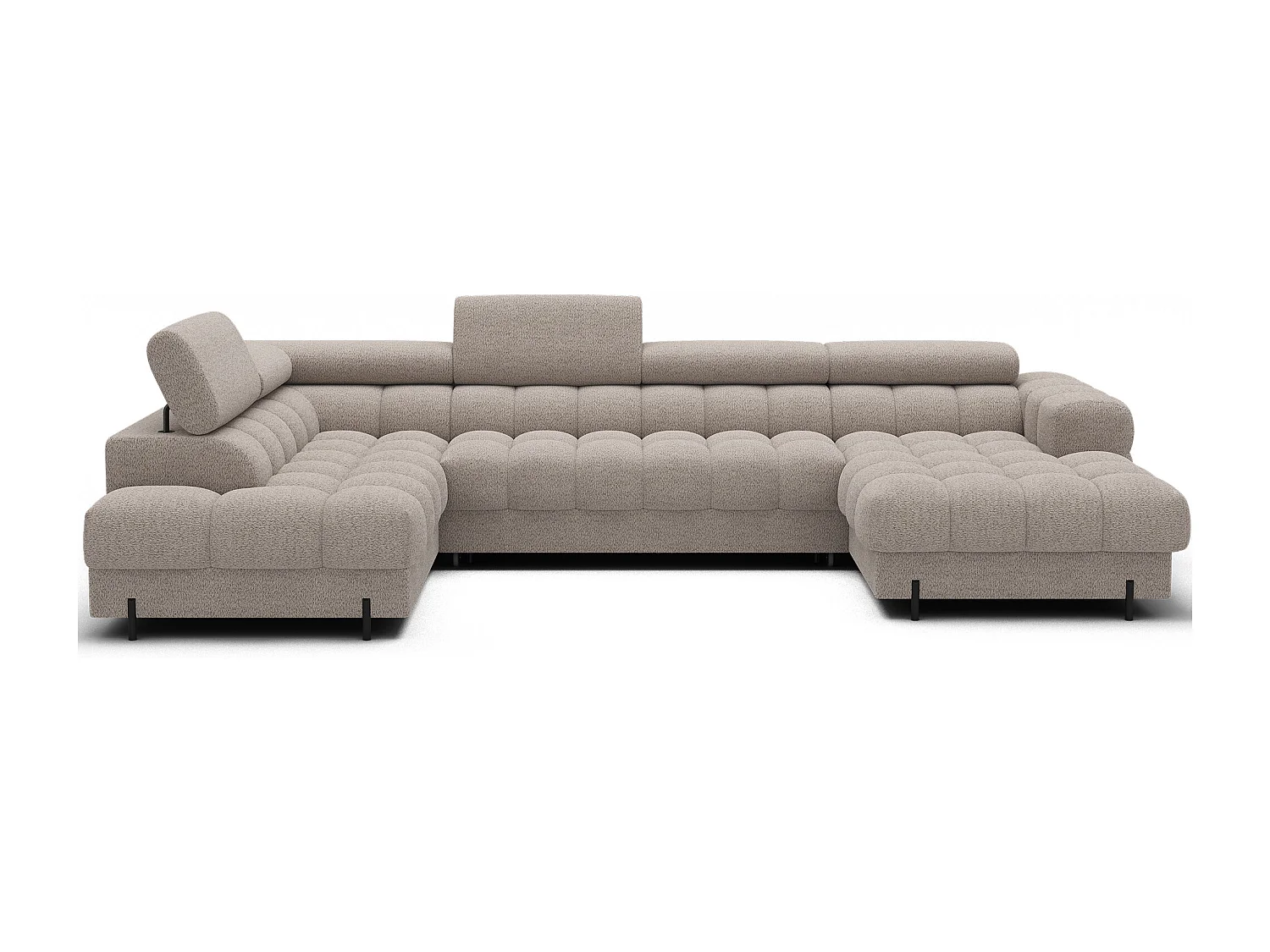 Grand canapé panoramique avec têtières réglables tissu FUZIAN – Fonction lit-Beige-Coffre à gauche