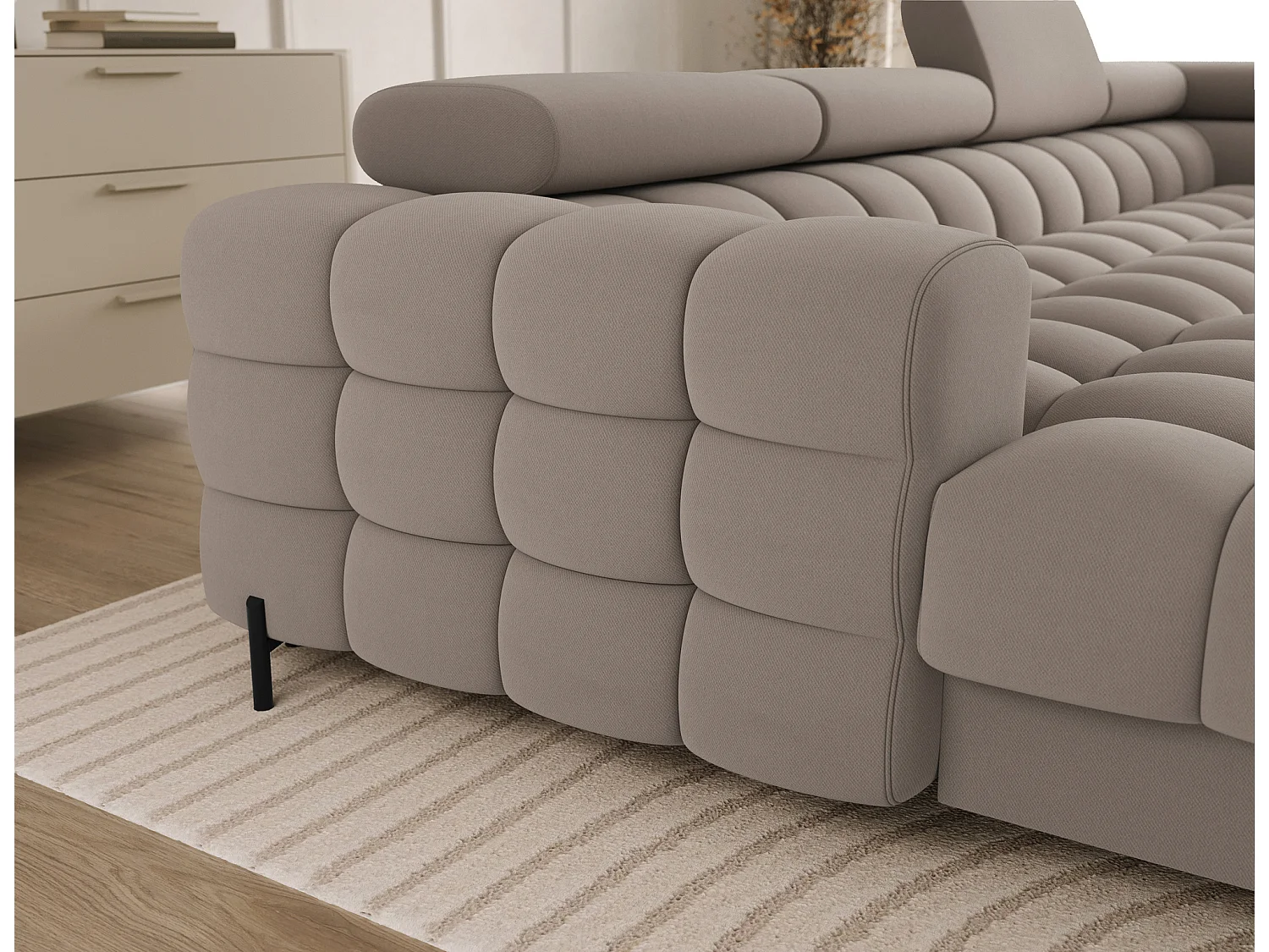 Grand canapé panoramique avec têtières réglables tissu FUZIAN – Fonction lit-Taupe-Coffre à droite