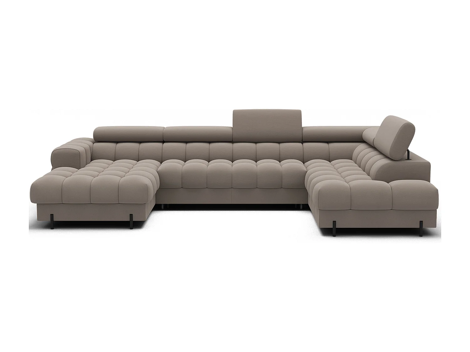 Grand canapé panoramique avec têtières réglables tissu FUZIAN – Fonction lit-Taupe-Coffre à droite