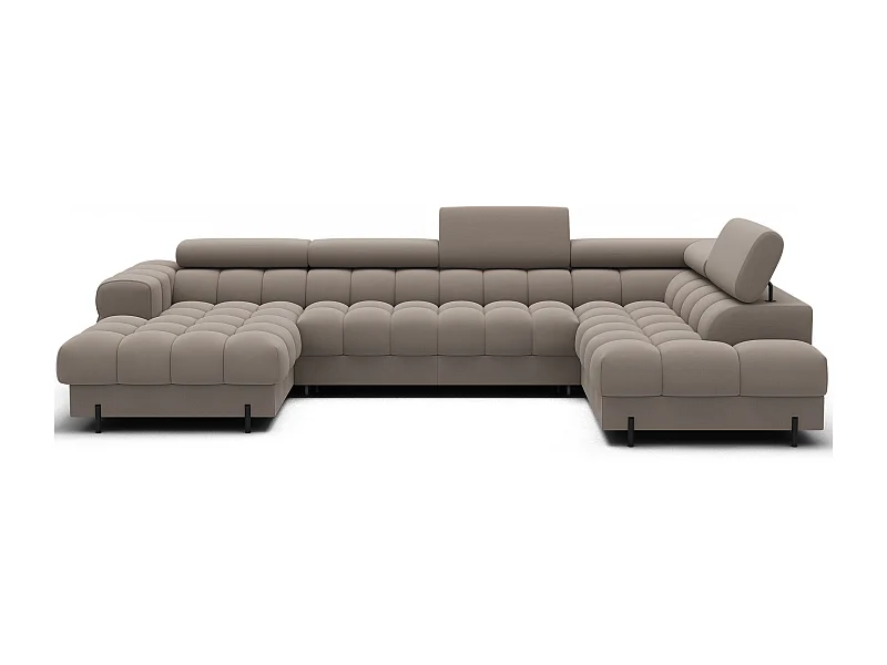 Grand canapé panoramique avec têtières réglables tissu FUZIAN – Fonction lit-Taupe-Coffre à droite