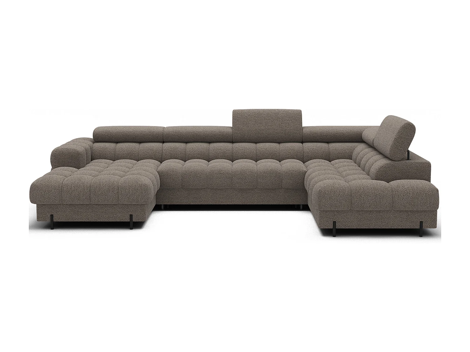 Grand canapé panoramique avec têtières réglables tissu FUZIAN – Fonction lit-Marron-Coffre à droite