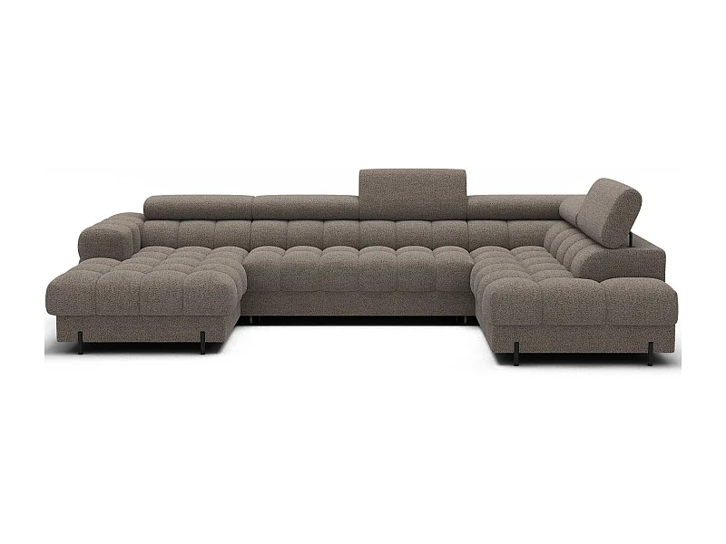 Grand canapé panoramique avec têtières réglables tissu FUZIAN – Fonction lit-Marron-Coffre à droite