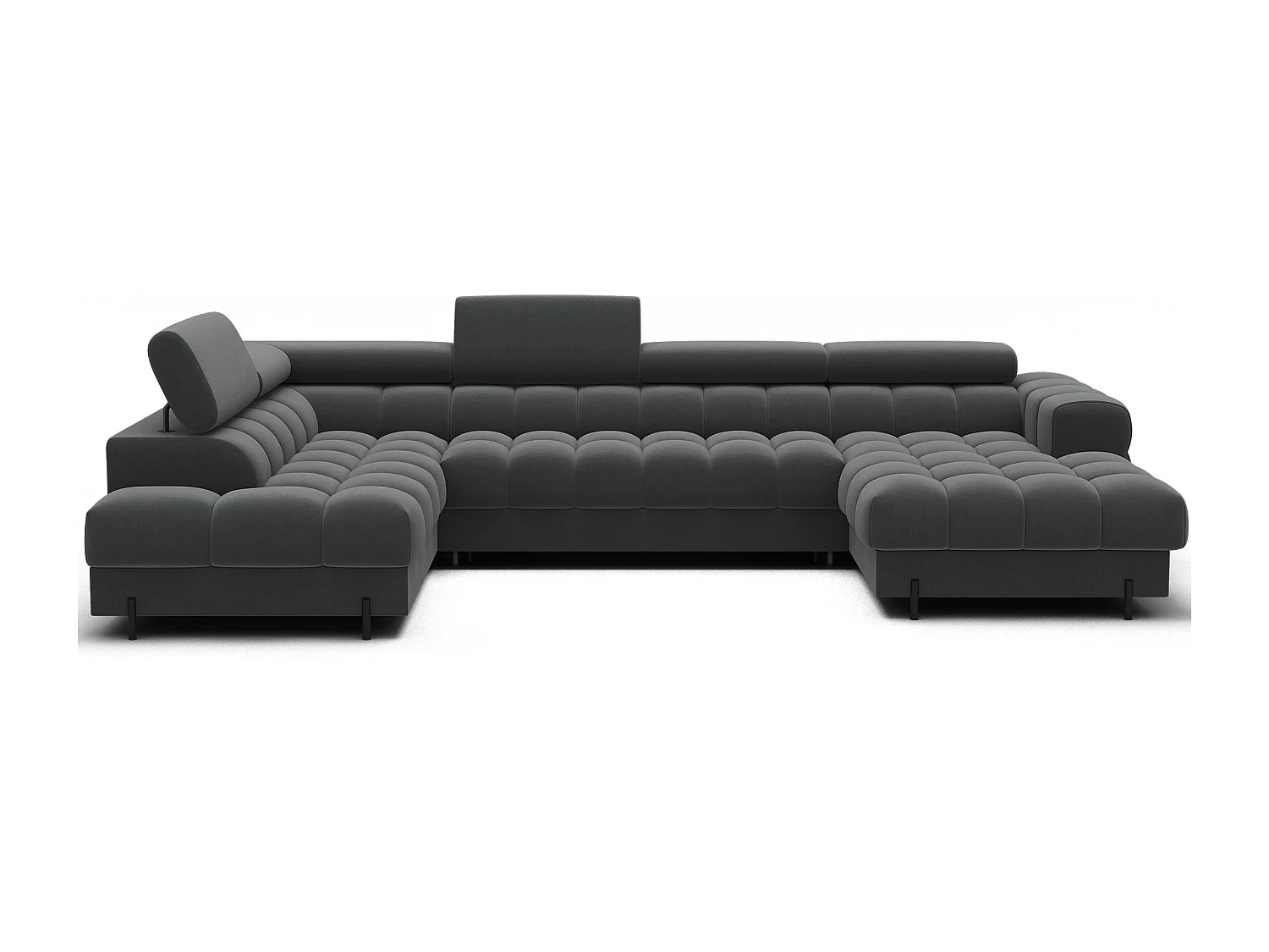 Grand canapé panoramique avec têtières réglables tissu FUZIAN – Fonction lit-Gris anthracite-Coffre à gauche