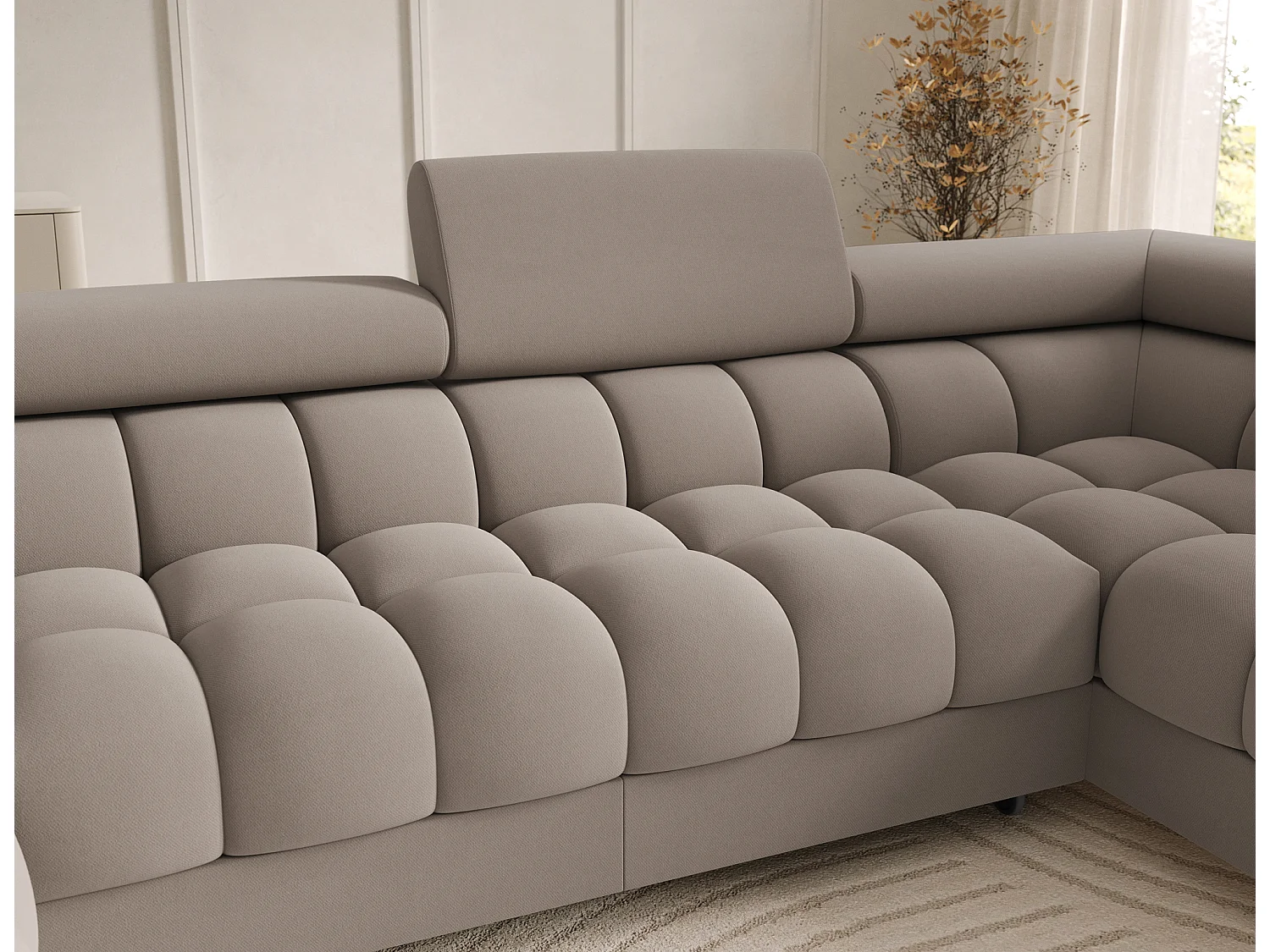 Grand canapé panoramique avec têtières réglables tissu FUZIAN – Fonction lit-Gris anthracite-Coffre à gauche