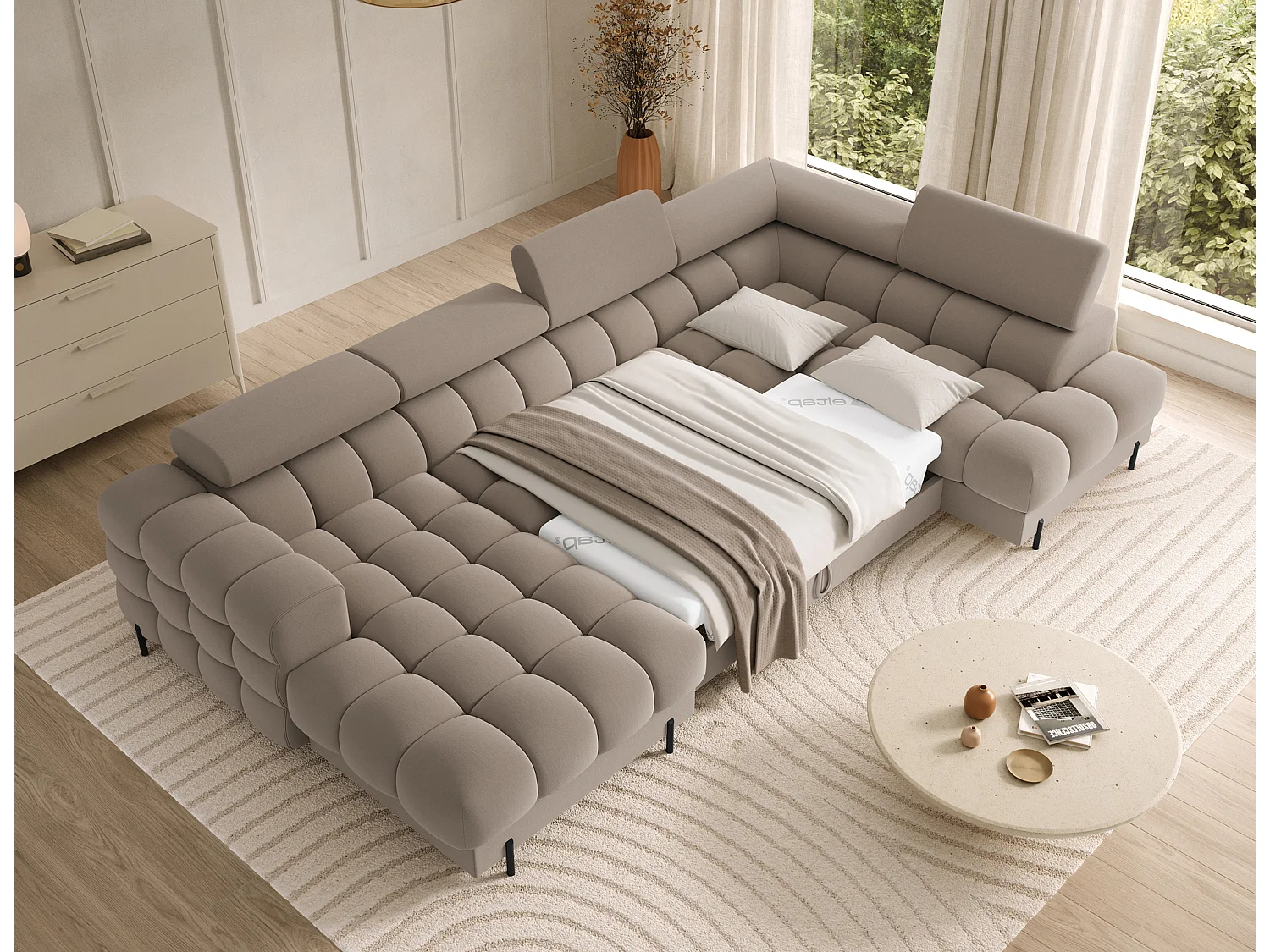 Grand canapé panoramique avec têtières réglables tissu FUZIAN – Fonction lit-Gris anthracite-Coffre à gauche