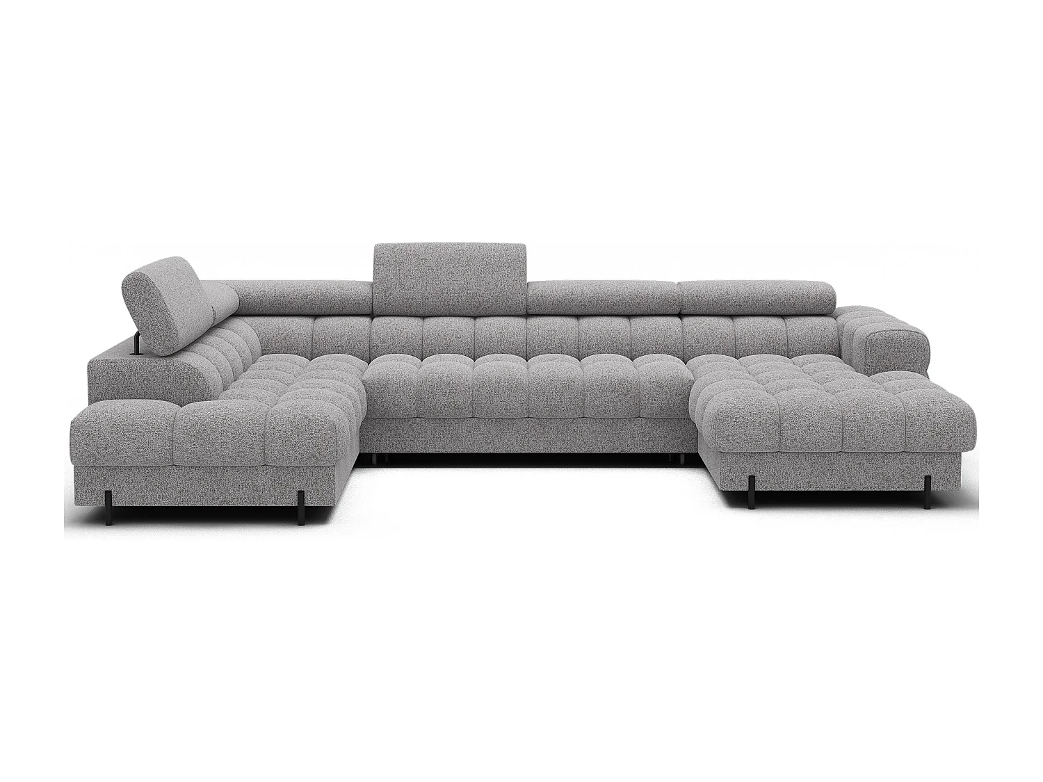 Grand canapé panoramique avec têtières réglables tissu FUZIAN – Fonction lit-Gris souris-Coffre à gauche