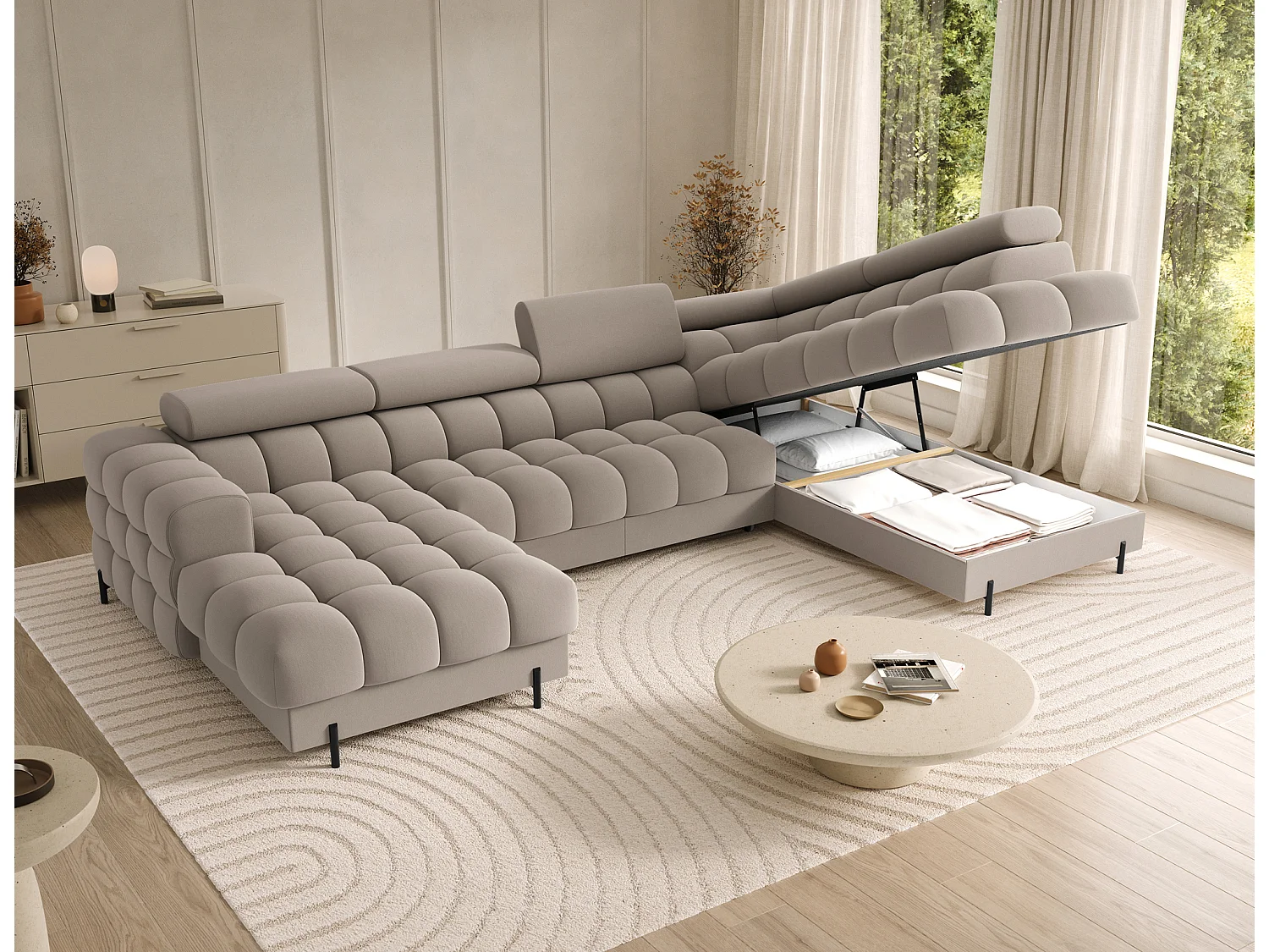 Grand canapé panoramique avec têtières réglables tissu FUZIAN – Fonction lit-Gris souris-Coffre à gauche