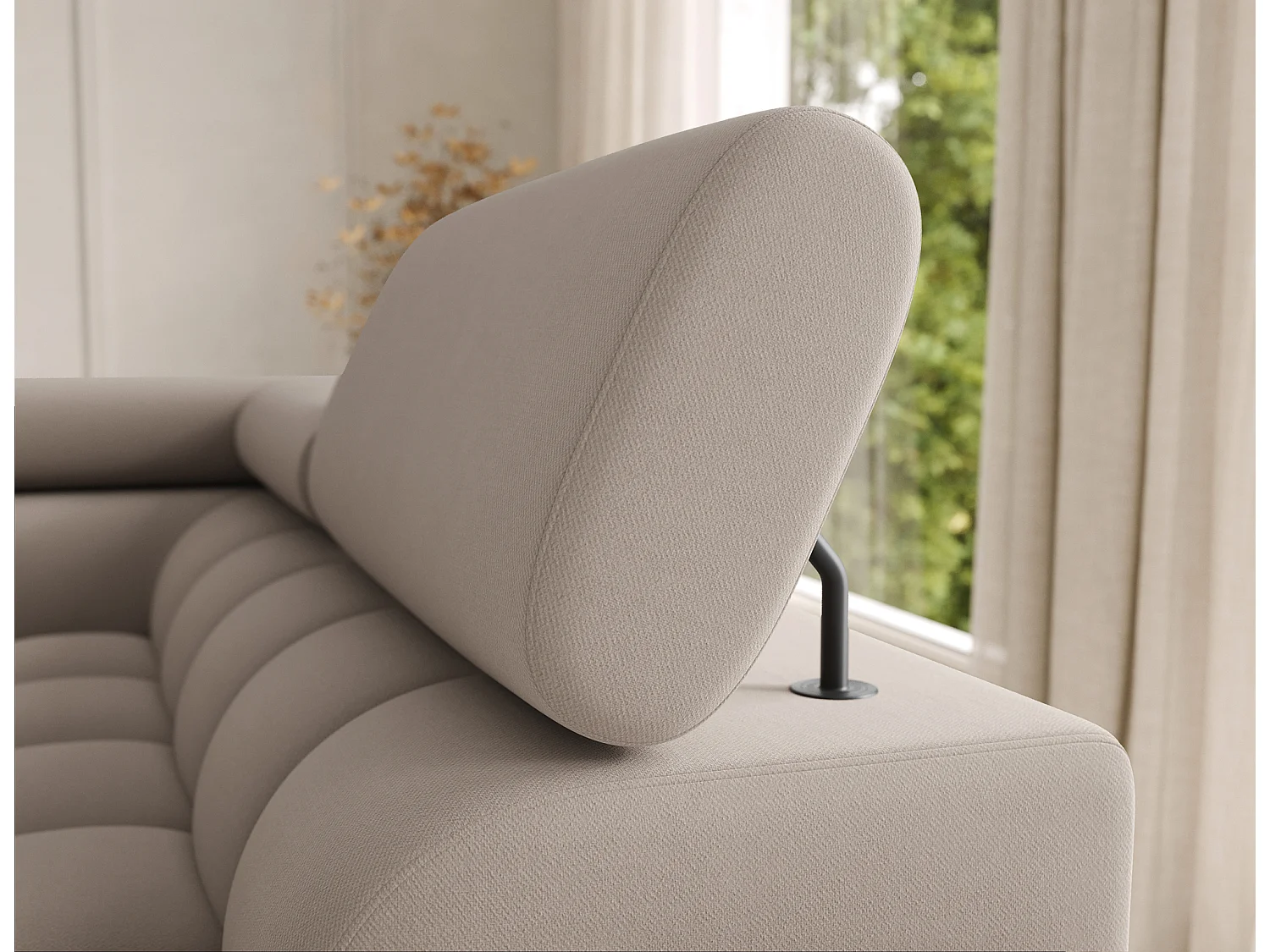 Grand canapé panoramique avec têtières réglables tissu FUZIAN – Fonction lit-Gris souris-Coffre à gauche