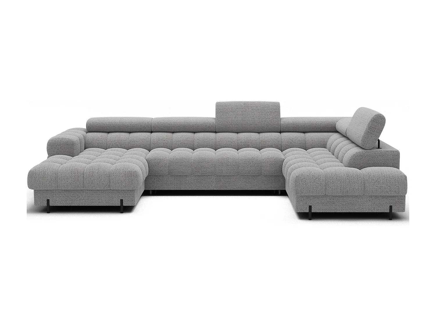 Grand canapé panoramique avec têtières réglables tissu FUZIAN – Fonction lit-Gris-Coffre à droite